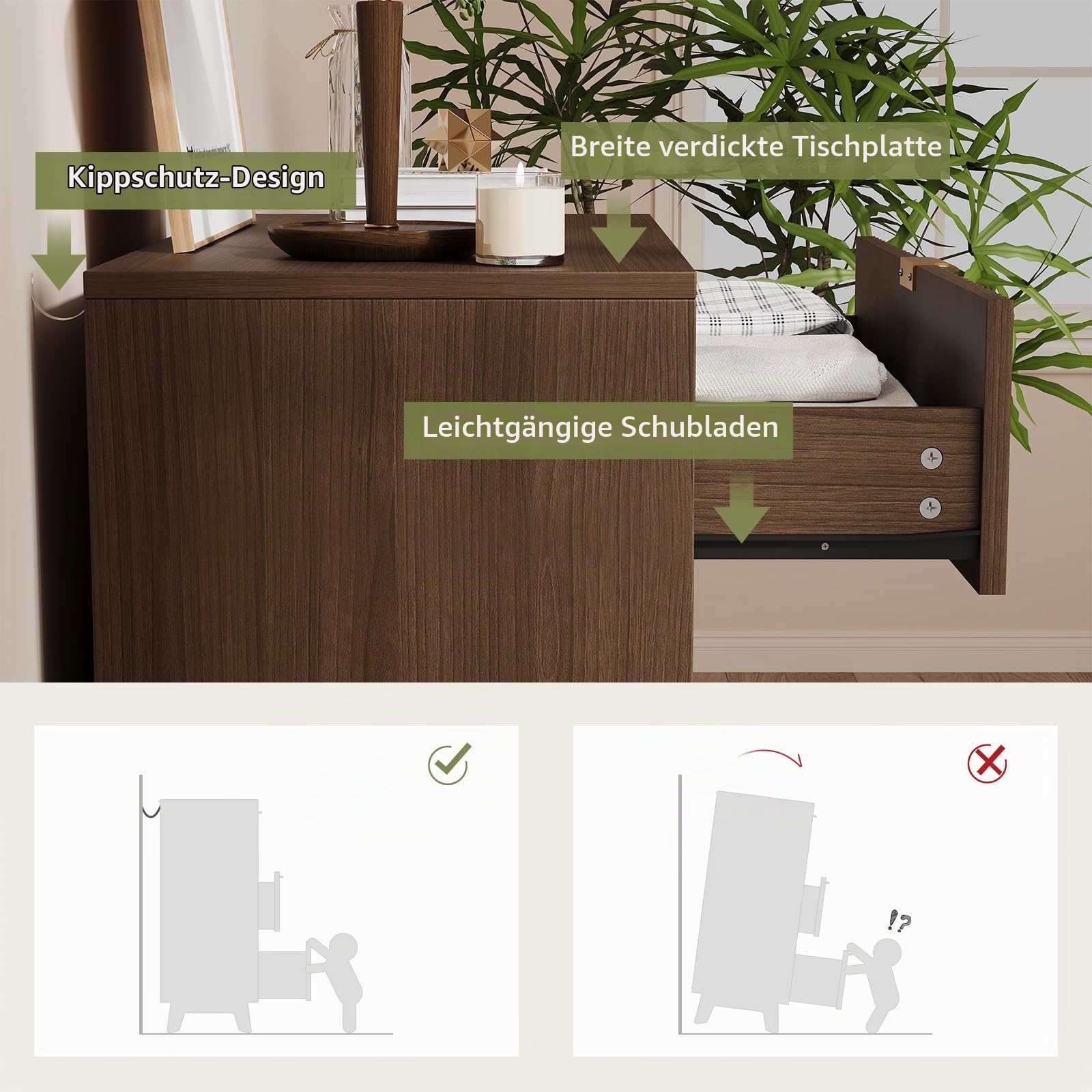 GarveeHome 3-Schubladen-Kommode, Geriffelte Dunkelbraun Holz-Optik, Moderner Mid-Century Stil, Robuster Holzwerkstoff, Für Schlafzimmer & Wohnzimmer, Größe 80 x 40 x 78 cm