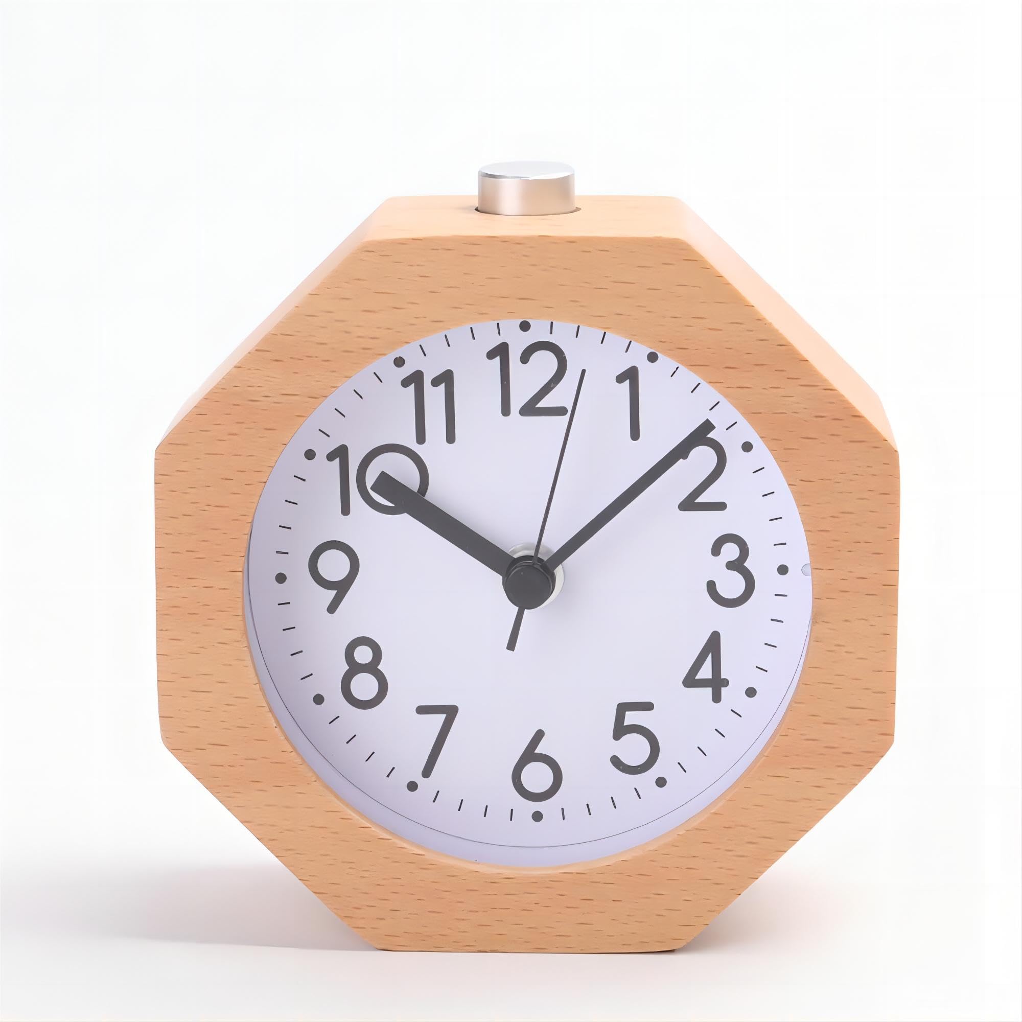 Lancoon Wooden Analog Alarm Clock, Small LED Non-Ticking Quiet with Arabic Numerals Wake Up Light Night Snooze Function Battery Operated Easy to Set for Kids Men Women (Yellow)