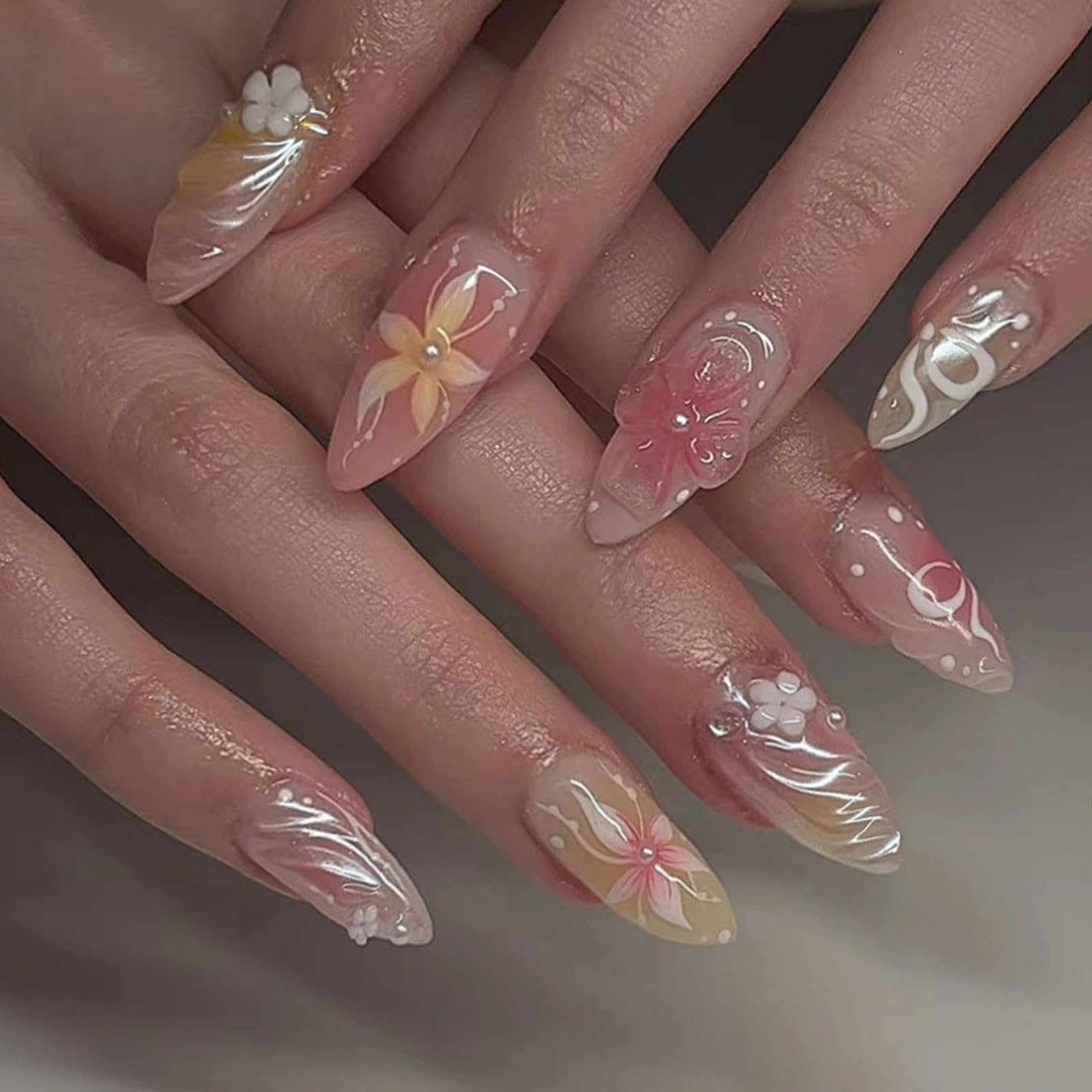 Short Press on Nails Almond Fake Nails with 3D Flower Designs Pink Nails Press ons Water Ripples Glue on Nails Spring Acrylic Nails Pearl False Nails
