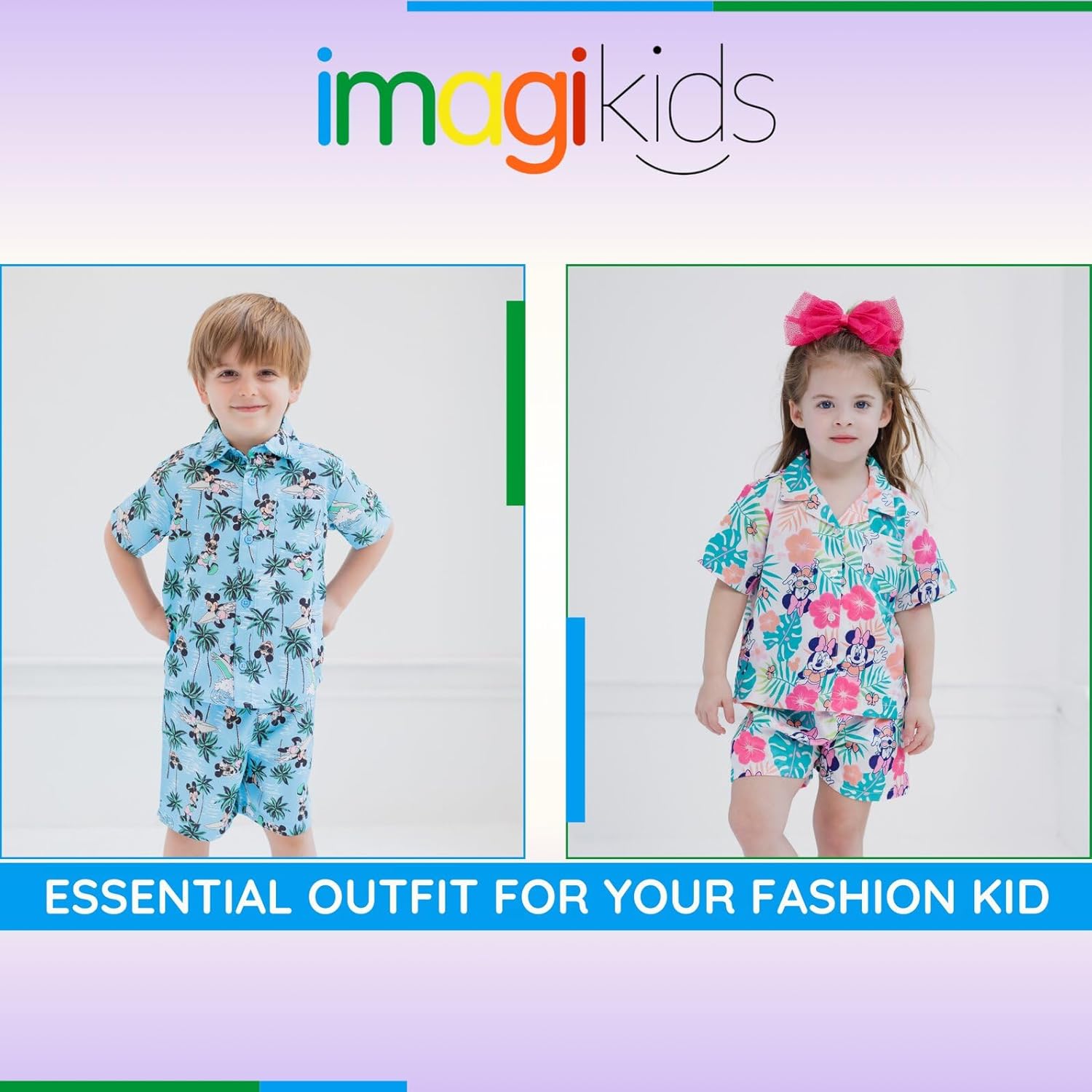 Disney Mickey Mouse Minnie Mouse Hawaiian Button Down Shirt and Shorts Outfit Set Toddler to Big Kid Sizes (2T - 14-16) - Image 2