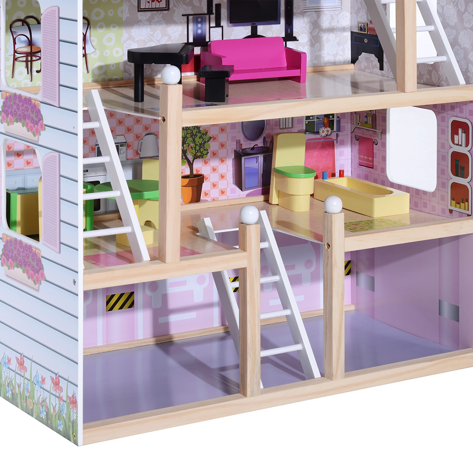 HOMCOM Casa delle Bambole per Bambini 3+ Anni a 4 Piani 60x30x80 cm Rosa | Legno di Pino e MDF, 13 Accessori