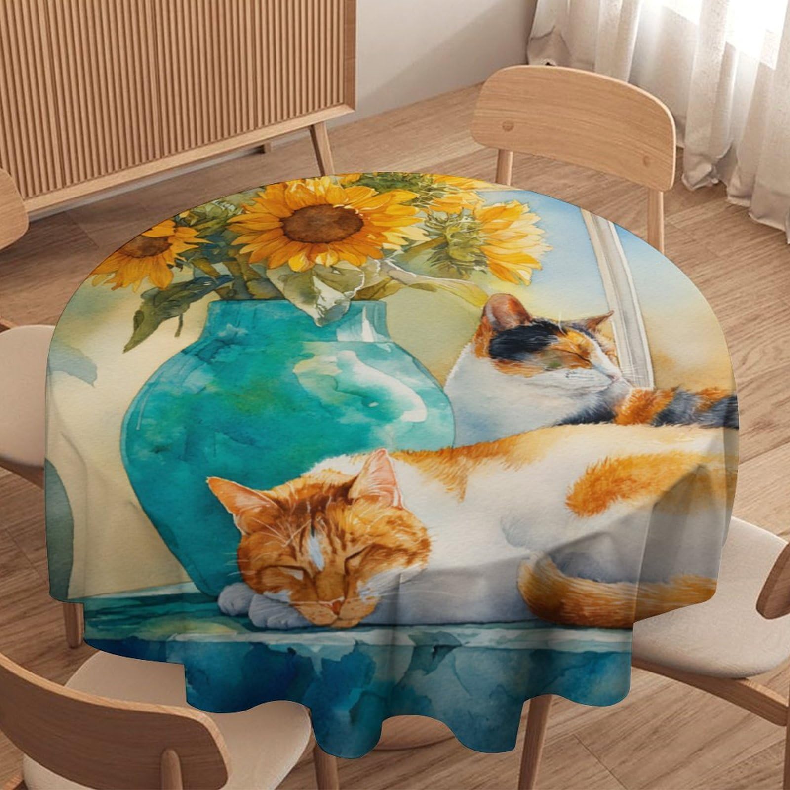 LUYYSKY Vintage Realistic Cute Cats Round Tablecloth Modern Oil Painting Spring Window Plants Sunflowers Animal Kittens Pat Washable Decor for Table Cover for Kitchen-177.8" Wx177.8 L cm