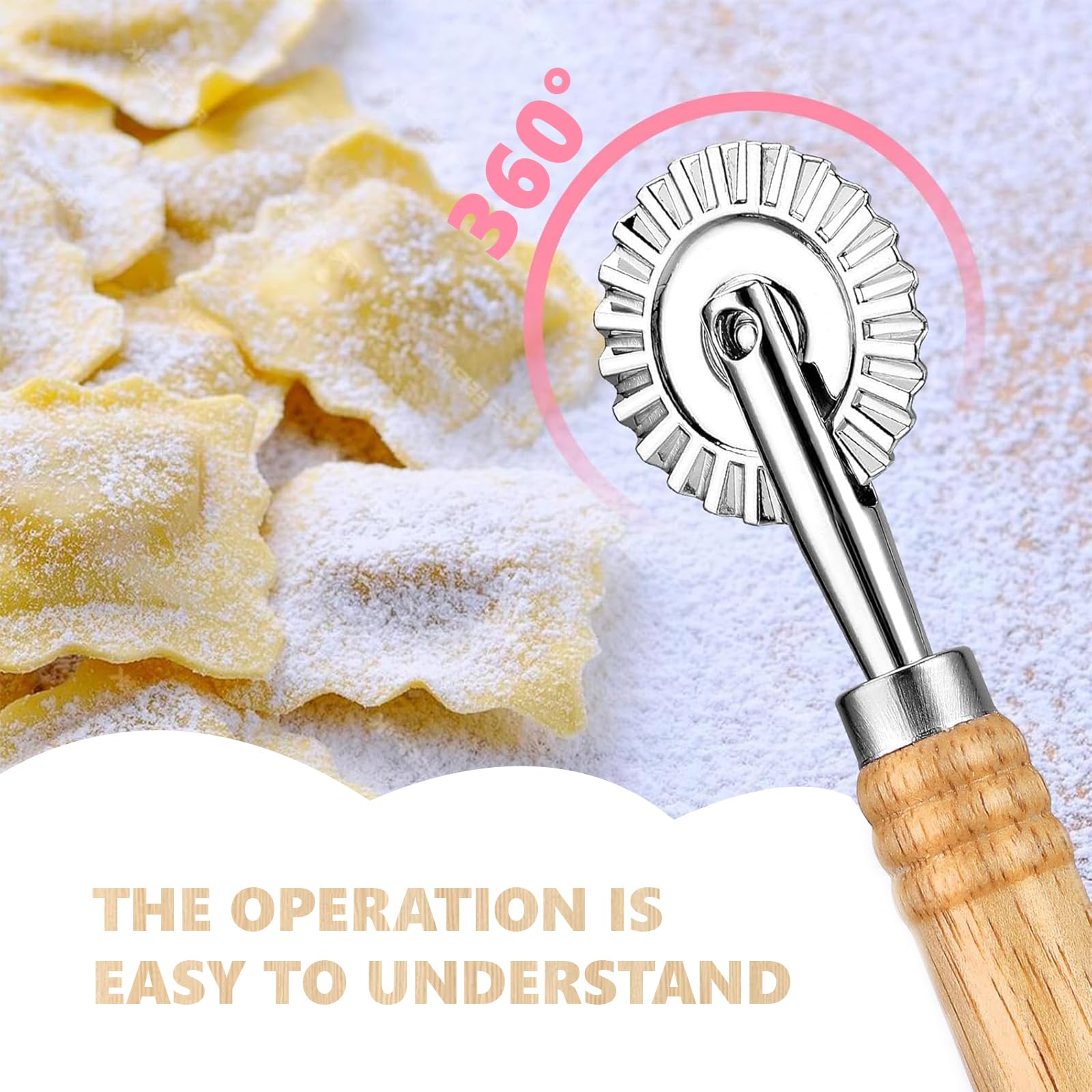 Rueda Cortadora de Pasta, Rueda de Repostería, Ruedas para Ravioli con Mango De Madera, Ruedas Cortadora de Acero Inoxidable, Pizza Pastelería Herramientas Moldes Acanalado Accesorio
