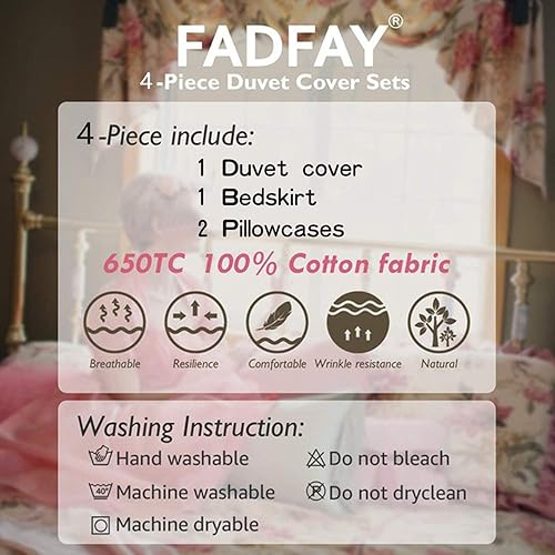 Miniatura 9 de FADFAY Juego de funda de edredón floral 100% algodón con volantes y encaje de princesa para niñas, con falda de cama, 4 piezas, color verde, tamaño