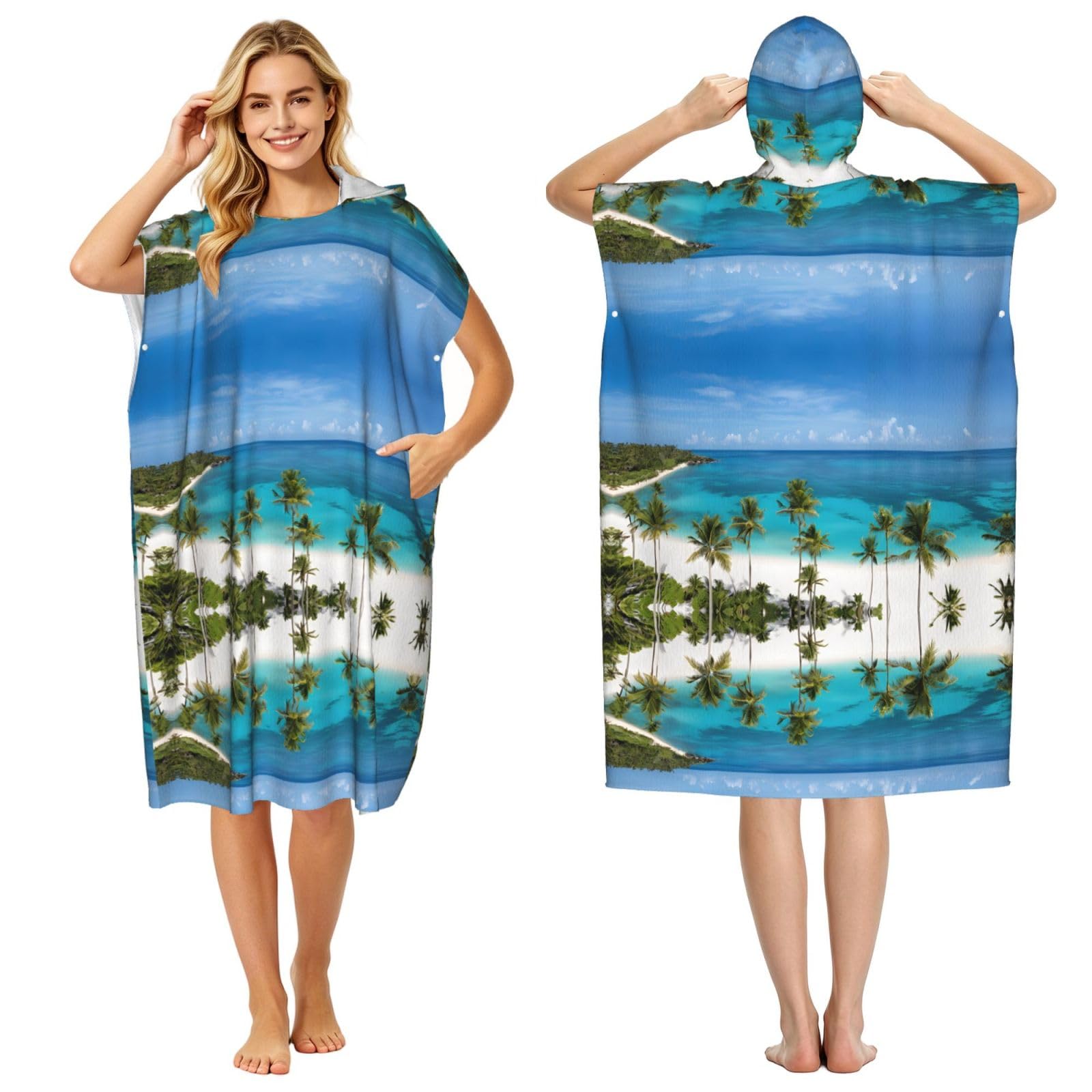 EZDLOWVBA Beach And Palm Tree Print Hooded Poncho Microfiber Beach Towel,Adult Women & Men Changing Robe,Lightweight Summer Surf Swim Bath Poncho Towel