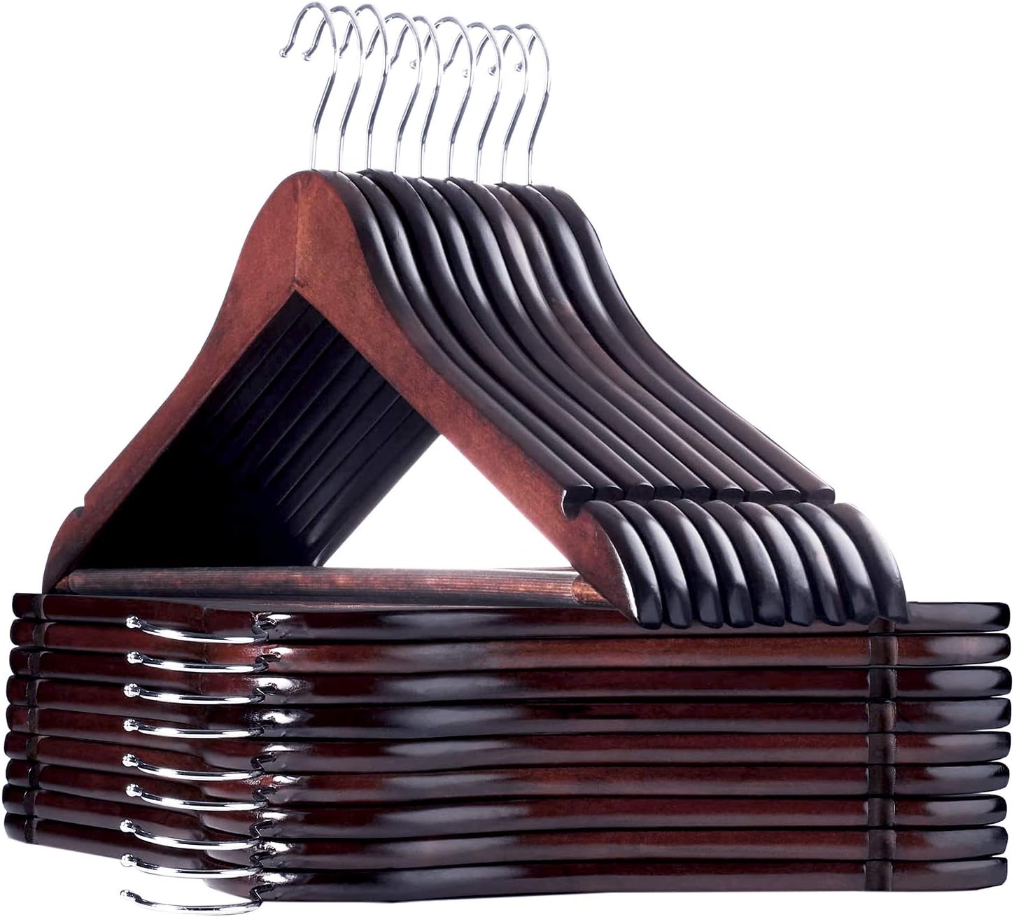 Coat Hangers, 18 Pack Solid Wooden Suit Hangers with Notched Cut Shoulder, Non-Slip Pant Bar, Extra Smooth and Splinter Free Walnut Finish