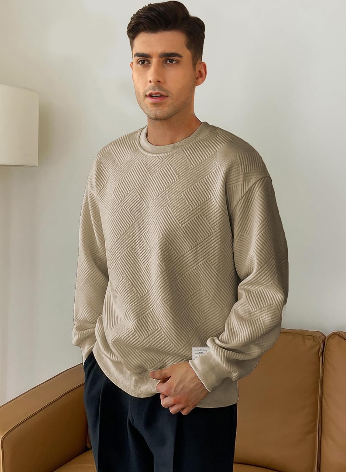 JMIERR Men's Crewneck Sweatshirt Casual Long Sleeve Geometric Texture Sweatshirts Fashion Pullover Shirts - Image 3