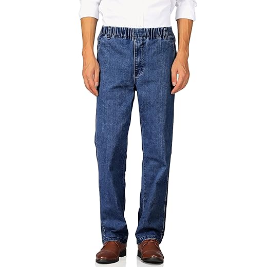 Soojun Mens Casual Loose Fit Elastic Waist Jeans Denim Pants, Indigo, 38W x 30L
