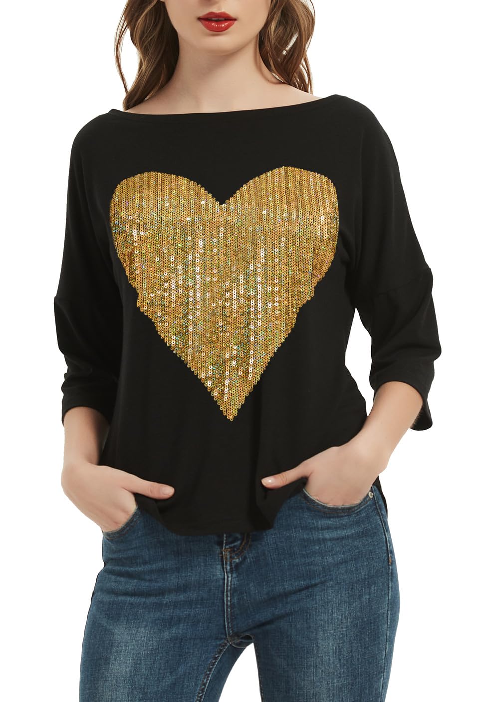 PESION Women's Sparkly Sequin Heart Love Shirts 3/4 Sleeve Loose Tunic Tops Boat Neck Love T-Shirt Tees