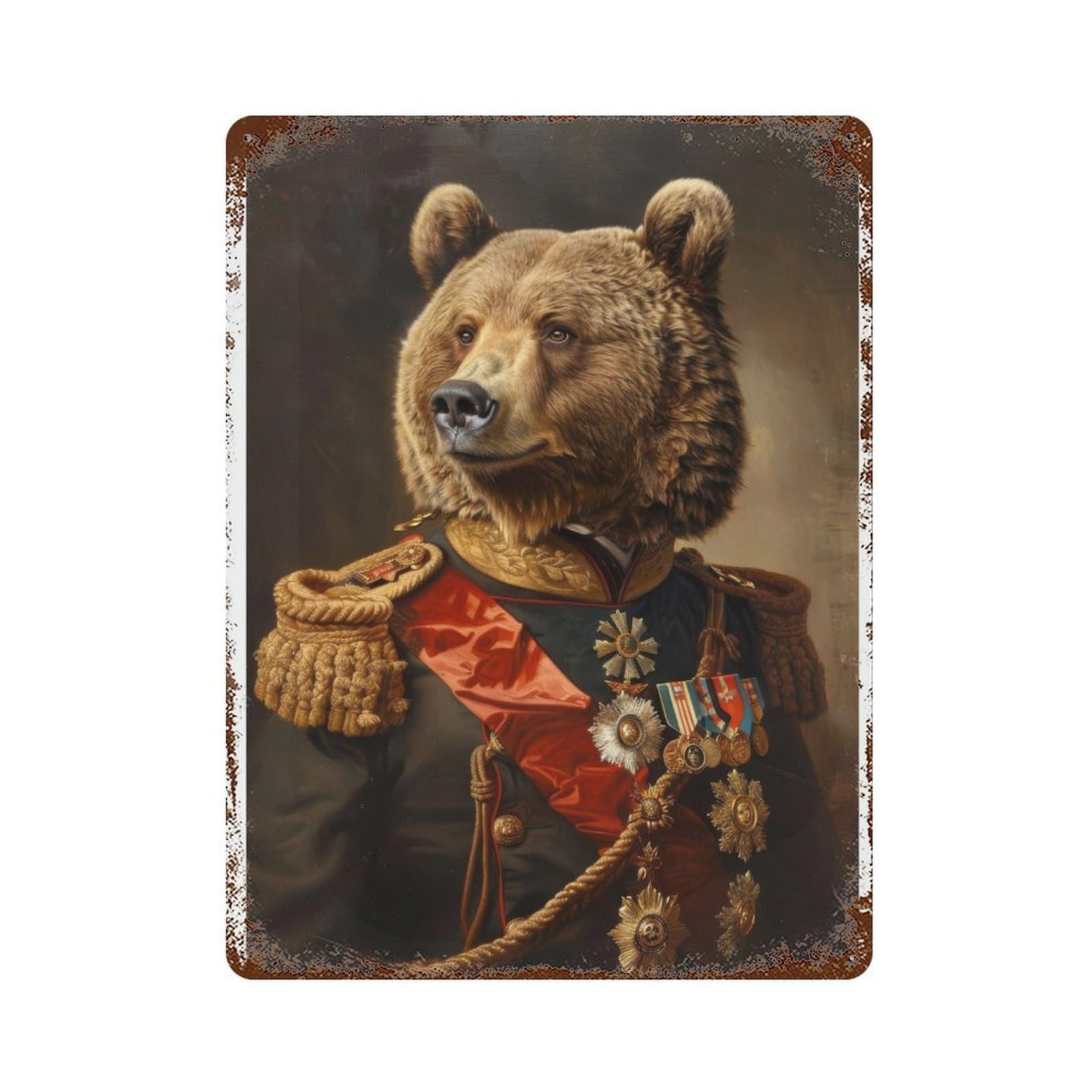 xiaoxiaoshen Victorian Bear in Military Uniform Dark Academia Gothic Antique Animal Portrait Era Wall Decor Art Metal Tin Poster Modern Home Decor Art Home Bar Shop Decorations Vintage Sign 40x30cm