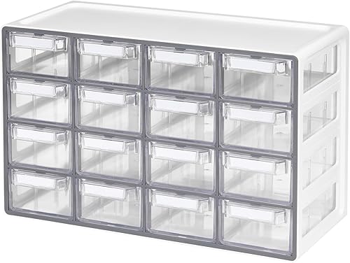 Blue Ginkgo Gabinete mediano de 16 cajones, organizador transparente apilable para hardware, cuentas, ladrillos de plástico, oficina y