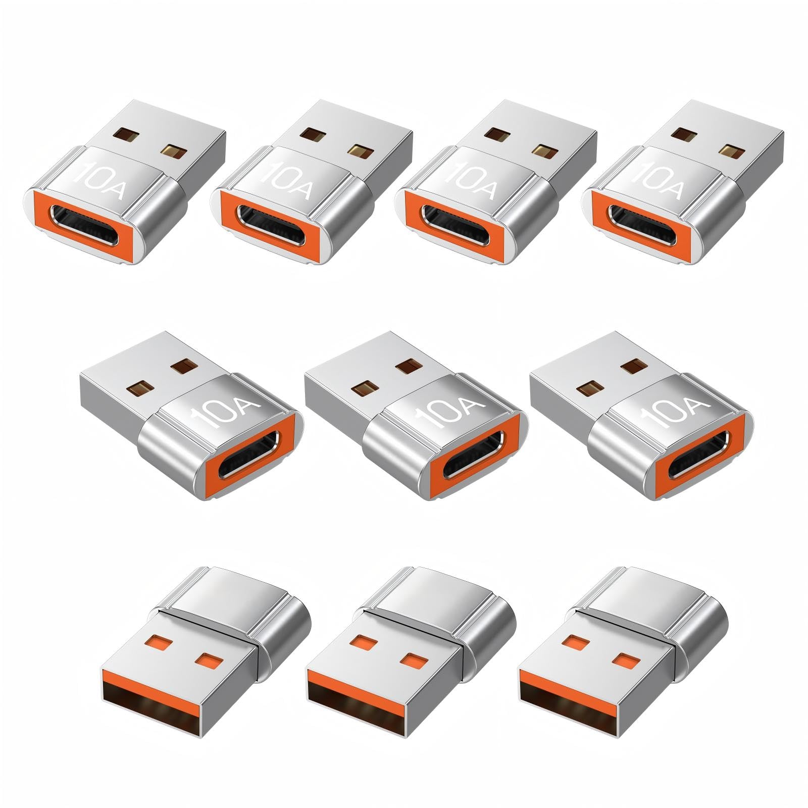 USB to USB C Adapter 10 Pack,10A 200W Fast Charging Data Transfer