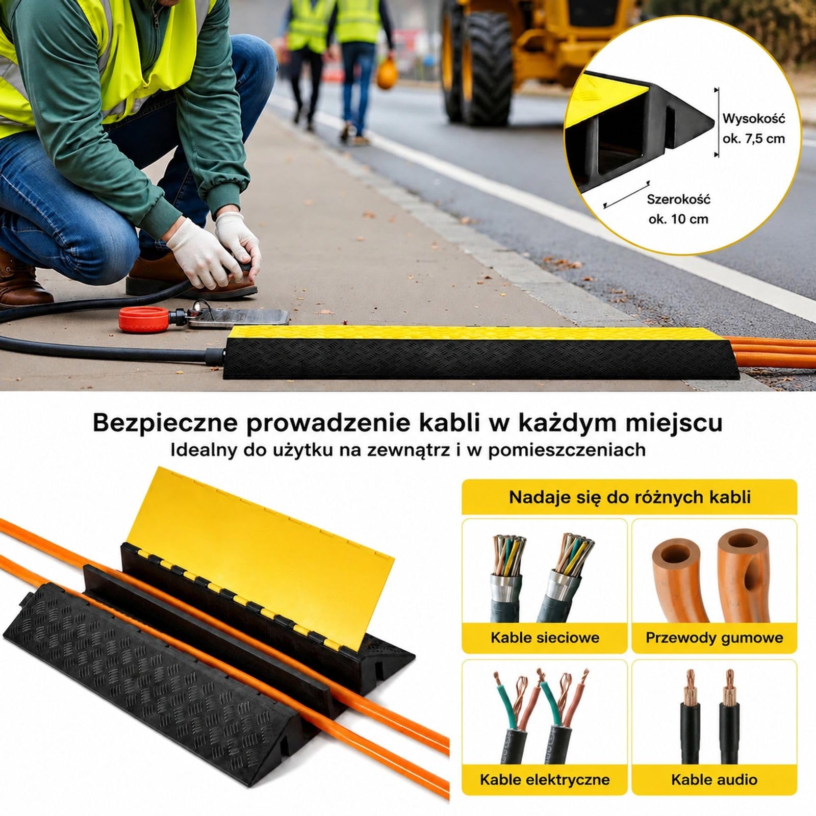 Gumowa rampa kablowa z 2 kanałami, listwa podłogowa, 1 sztuka do domu, biura i magazynu