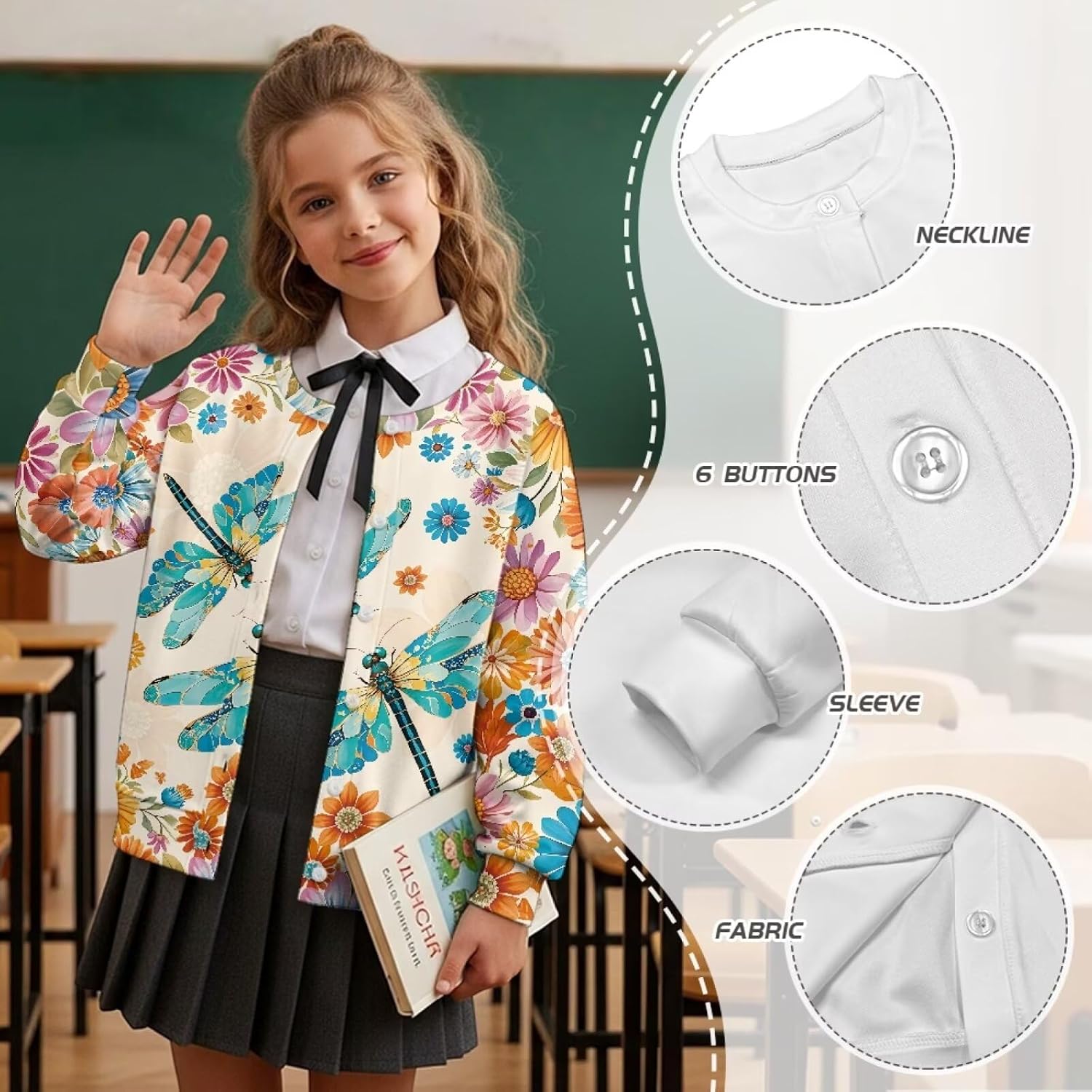 Girls Button Down Cardigan Sweatshirt Crewneck Kids Long Sleeve Cardigans for Home School 4-16Years