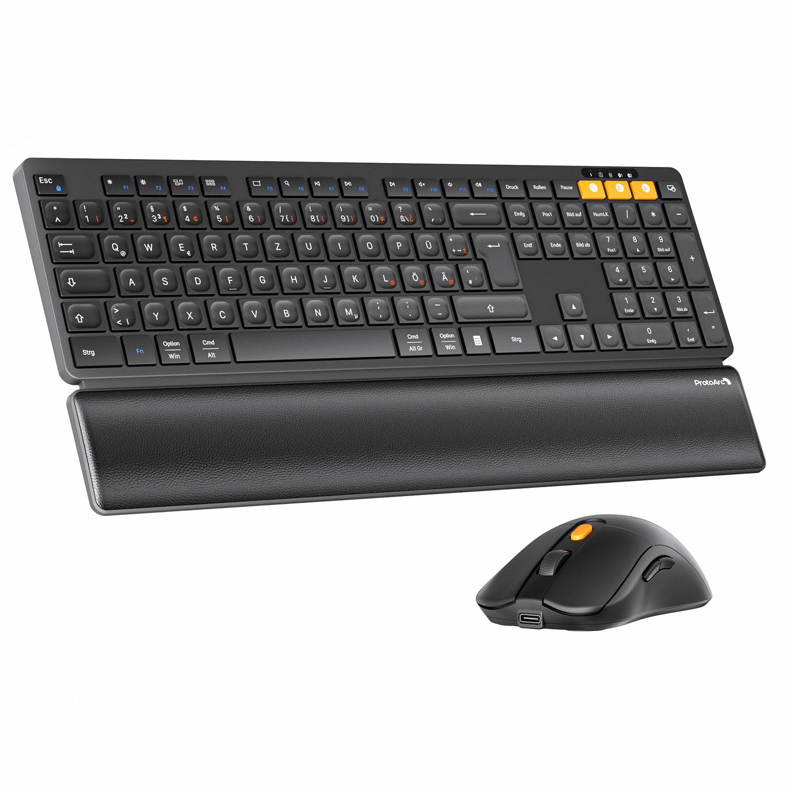 ProtoArc Kabellos Bluetooth Tastatur Maus Set, KM60 Full-Size Tastatur und Maus mit Handballenauflage, 2.4GHz + Dual Bluetooth, Wiederaufladbar, QWERTZ Deutsch, für PC, Computer, Mac, Windows, Schwarz