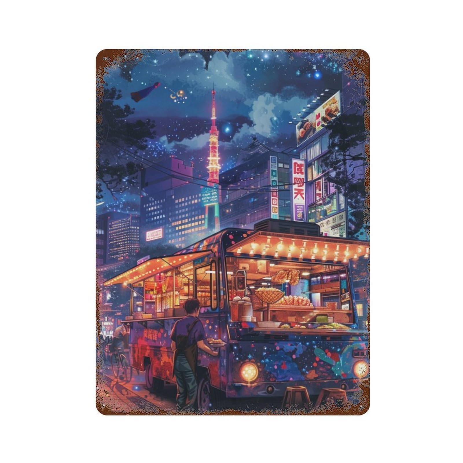Tokyo Night Food Truck Decorative Tin Sign 15.7"x11.8", Farmhouse Wall Decor for Garage, Bar And Workshop Decor