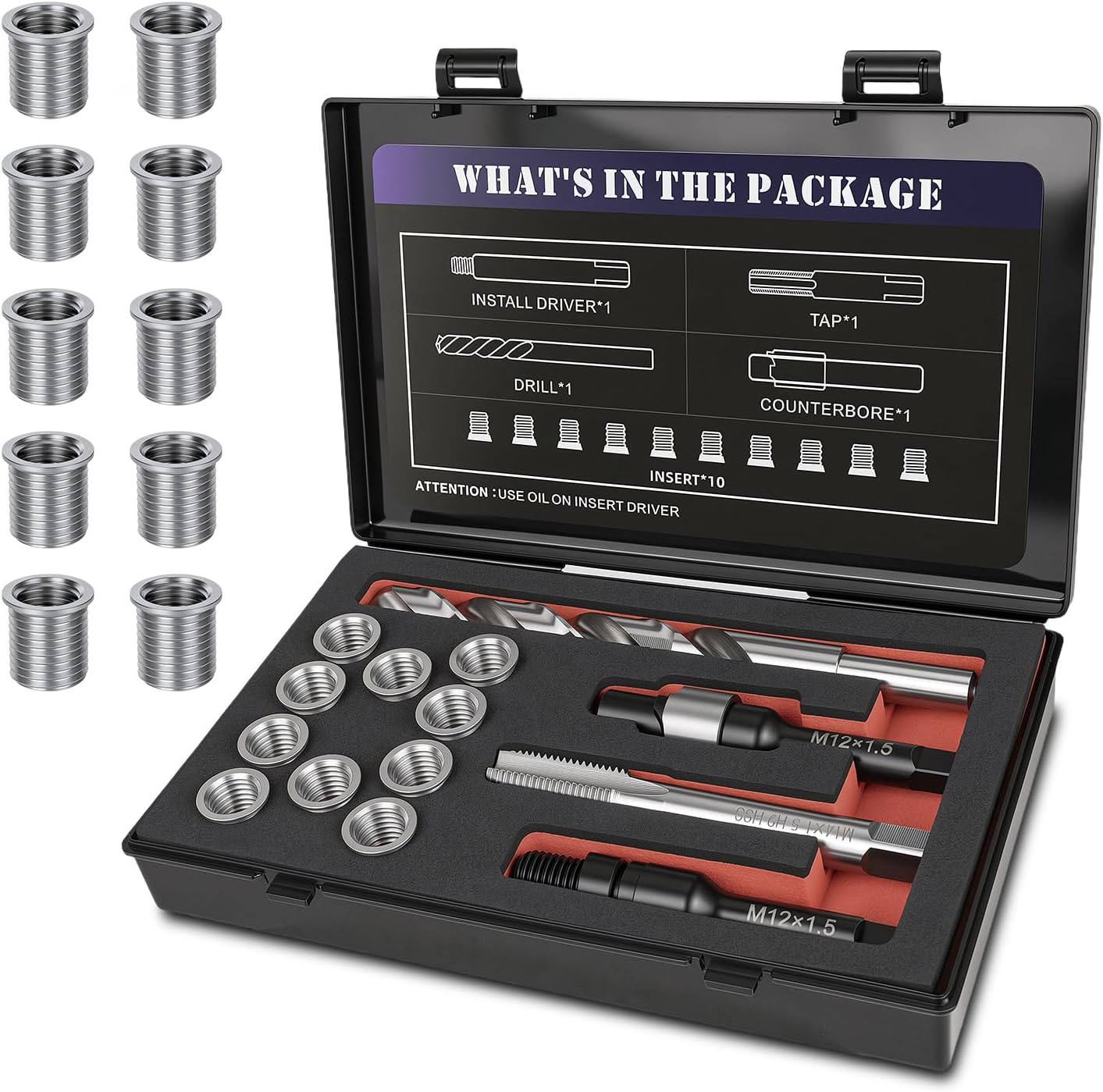 M12x1.5X16.2MM Thread Repair Kit with Insert HSS Drill, Tap, Counterbore, Installation Driver, Metric, 10PCS Stainless Steel Insert M12x1.5X16.2MM