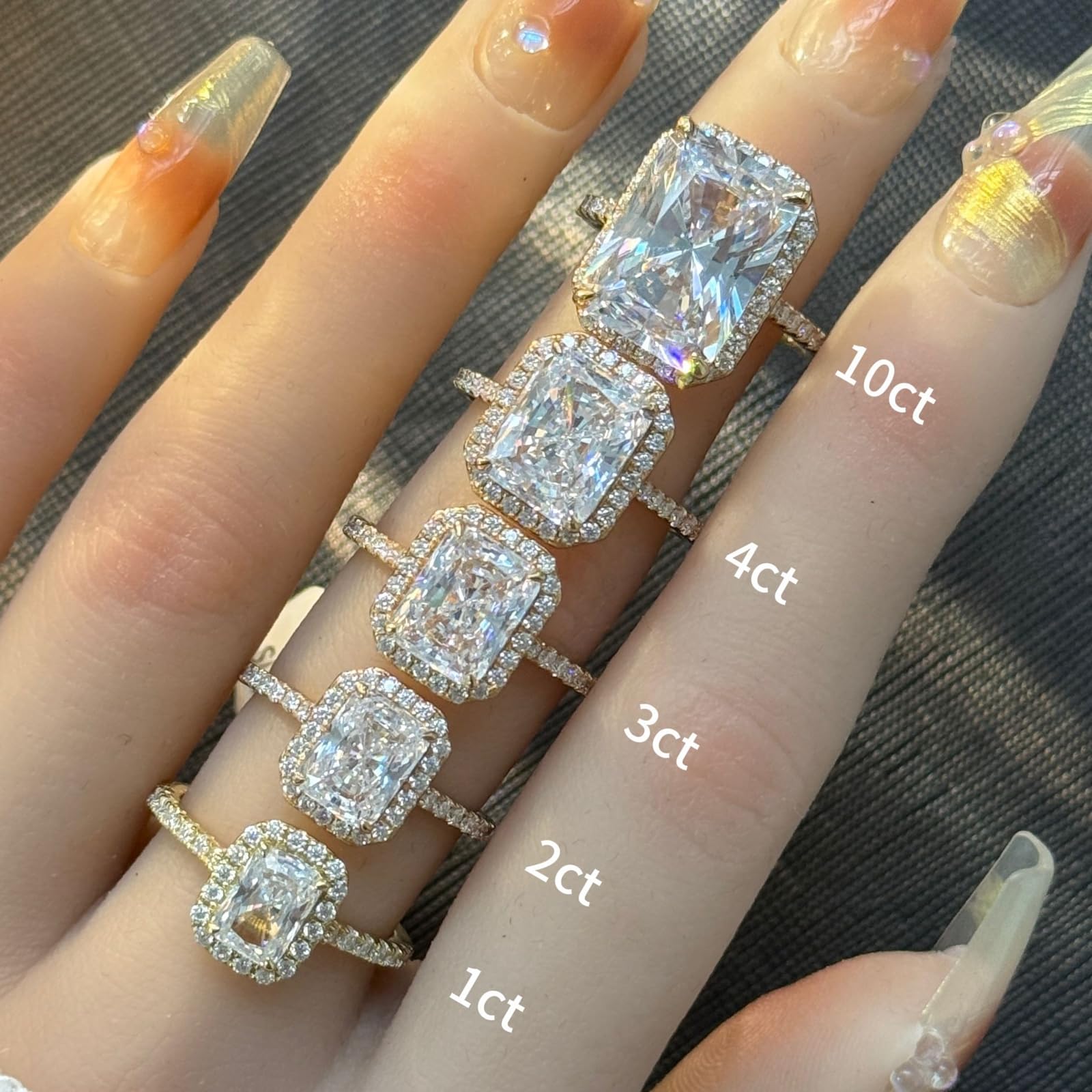 18K (750) żółte złoto – 10 ct obrączki ślubne 750 złoto damskie, półrzęd, 4-pazurowy moissanit o szlifie promieniowym, 6 ct, rozm. damski 53 (16,9)