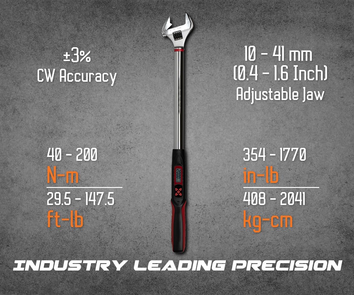 Tapha Tools Adjustable Digital Torque Wrench 7.4 - 147.5 ft-lbs (10 - 200 N-m) Torque Range, 10 - 41 mm Adjustable Jaw, LED and Buzzer Notification, Preset Memory, ISO 6789 Tested and Calibrated
