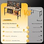 CAMMOO 60" Work Bench Adjustable Height with Storage Shelf, Max Load 2000 LBS Heavy Duty Rubberwood Tabletop with Pegboard, LED Light, Built-in Power Strip for Woodworking Shop, Garage, Home