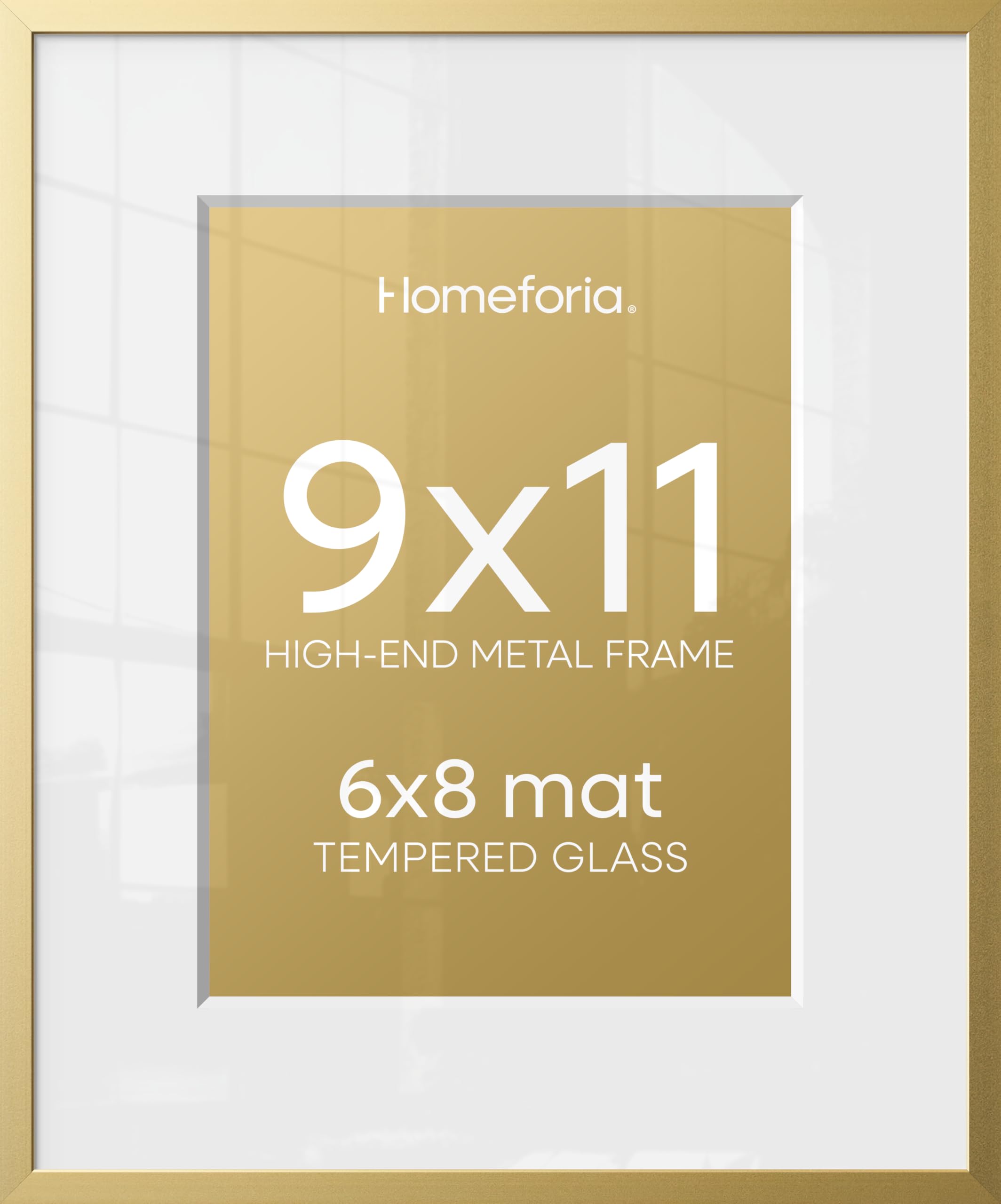 Homeforia 9x11 Gold Picture Frame, High-End Metal, 6x8 Mat, Glass | High End Aluminum, Tempered Glass, Acid-Free 6x8 Removable Mat, 9x11 in Edge-to-Edge Display 11x9, Wall Kit, Set Of 2