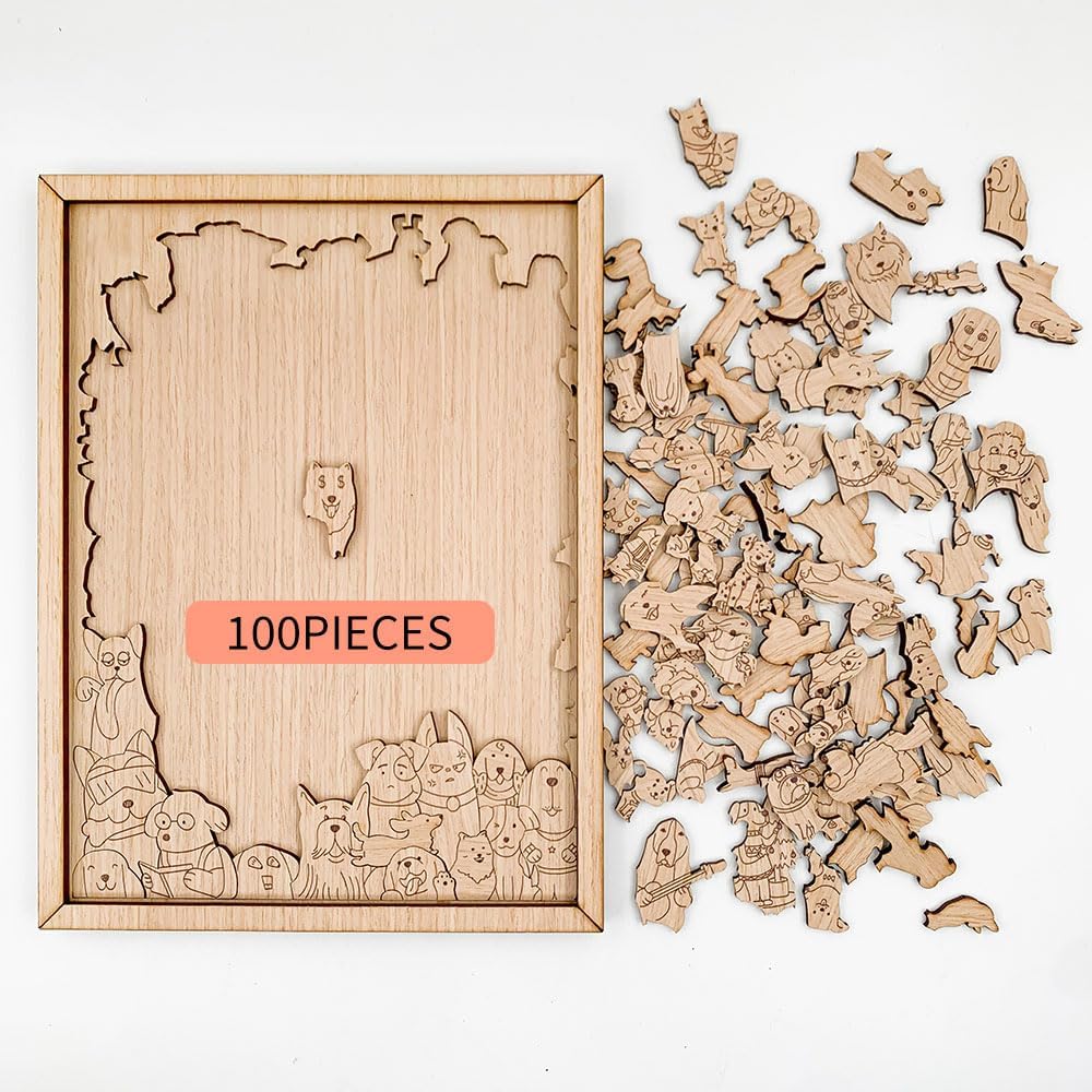 Dogs Jigsaw Puzzle Wooden Puzzles for Adults,Dog Puzzles 100pcs,Unique Shape Animal,Gift Ideas, Kids Family Game, Challenging,Animal Shape(6.9 * 9.3in-100Pcs)(100 Dogs)