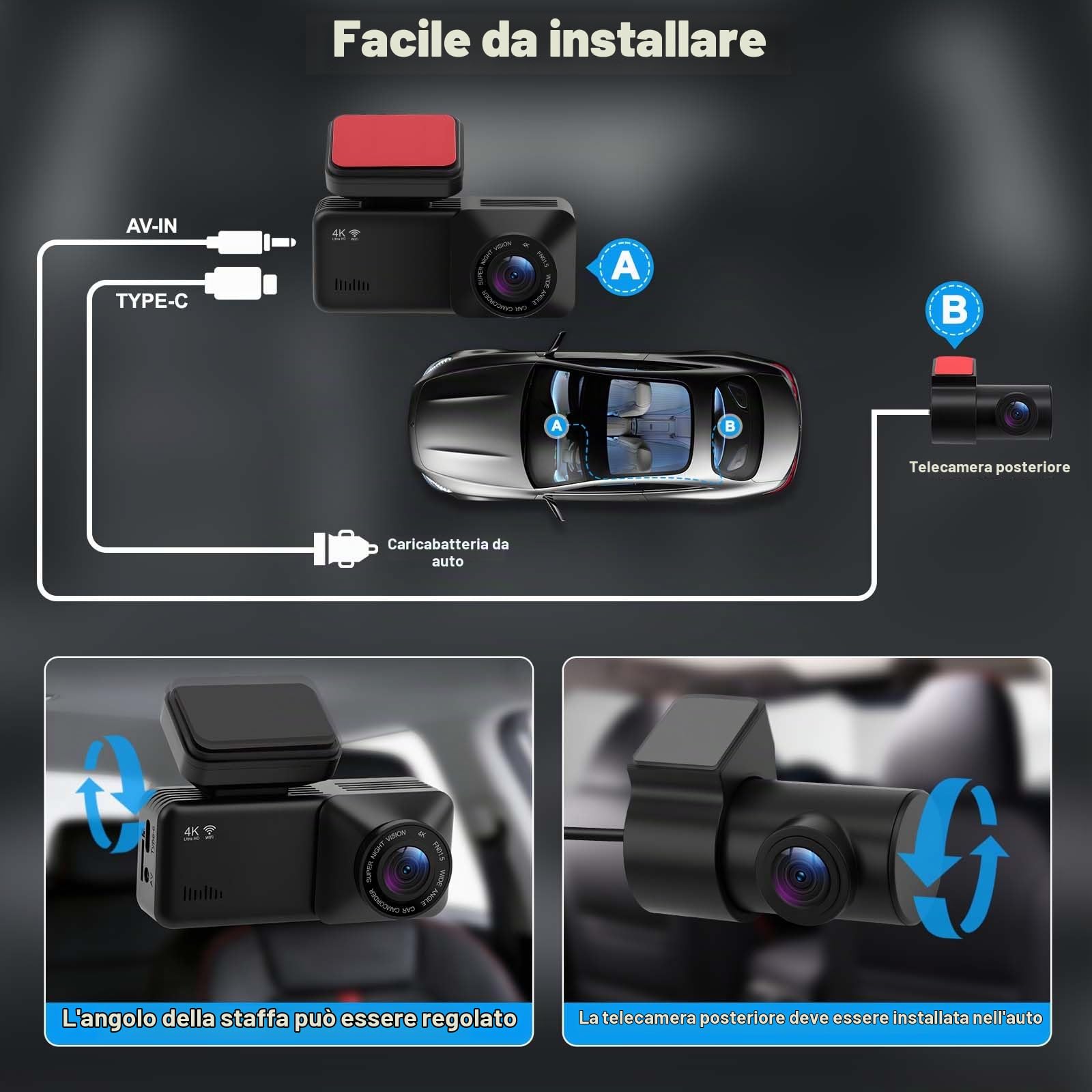 Dashcam Auto 4K Anteriore Posteriore 1080P, Doppia Telecamera | 170° Grandangolo, Visione Notturna, Modalità Parcheggio G-Sensor, Scheda SD 64GB, Installazione Facile