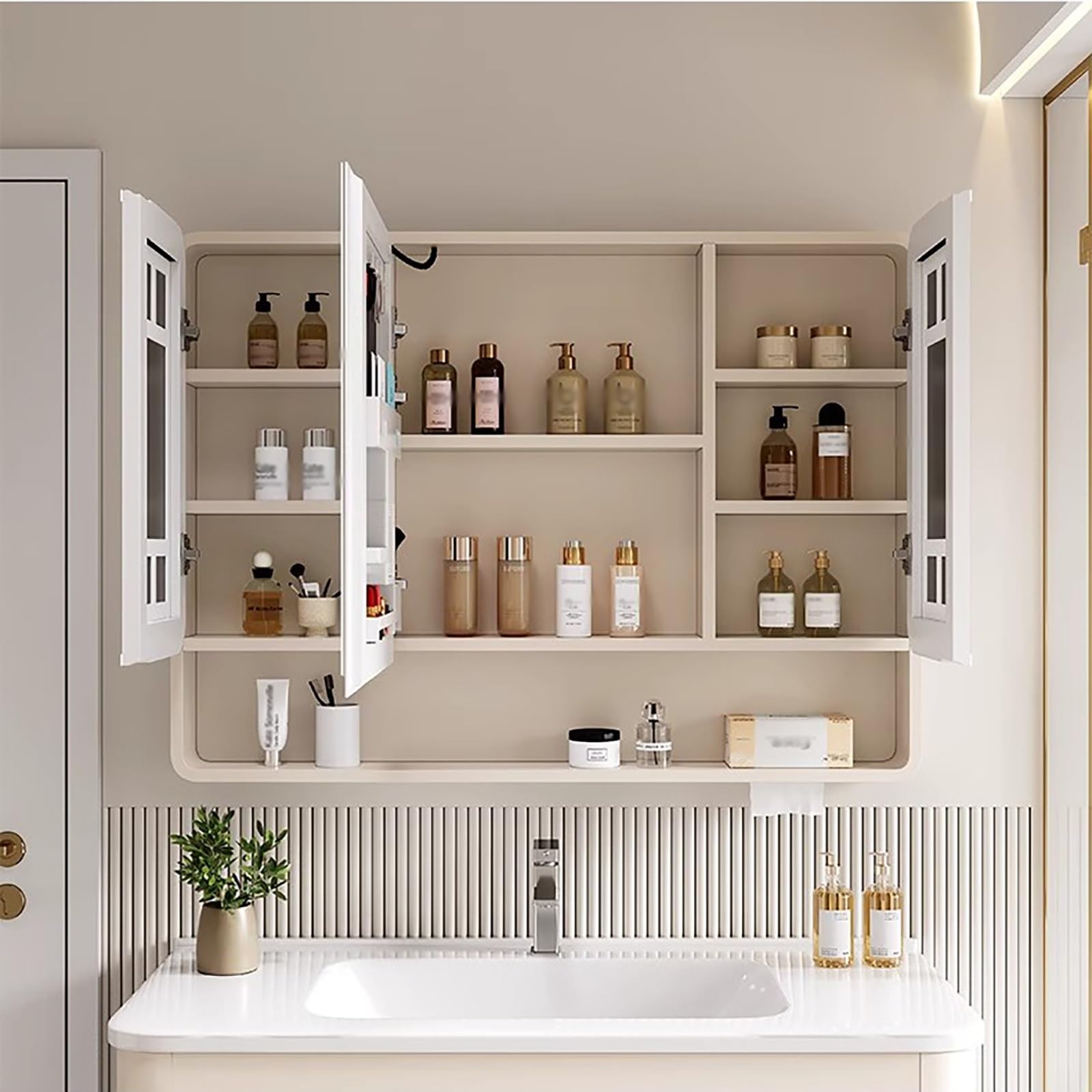 Mobiletto Bagno Specchio, Armadietto Bagno In Alluminio Con Antiappannamento, Mobiletto Da Parete In Legno Massello Con Luce A LED, Mobili Da Contenitore Oscuramento(White,80CM/31.4IN)