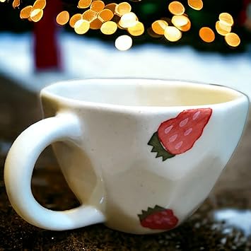 Kalaa by N Ceramic Strawberry Coffee Mug I Coffee Cup Set I Tea Cup Set I Milk Mug I Chai Set I Pottery Mug I Handcrafted I Handpainted I Microwave Safe I Gift to Family & Friend I 220 ML Set of 1