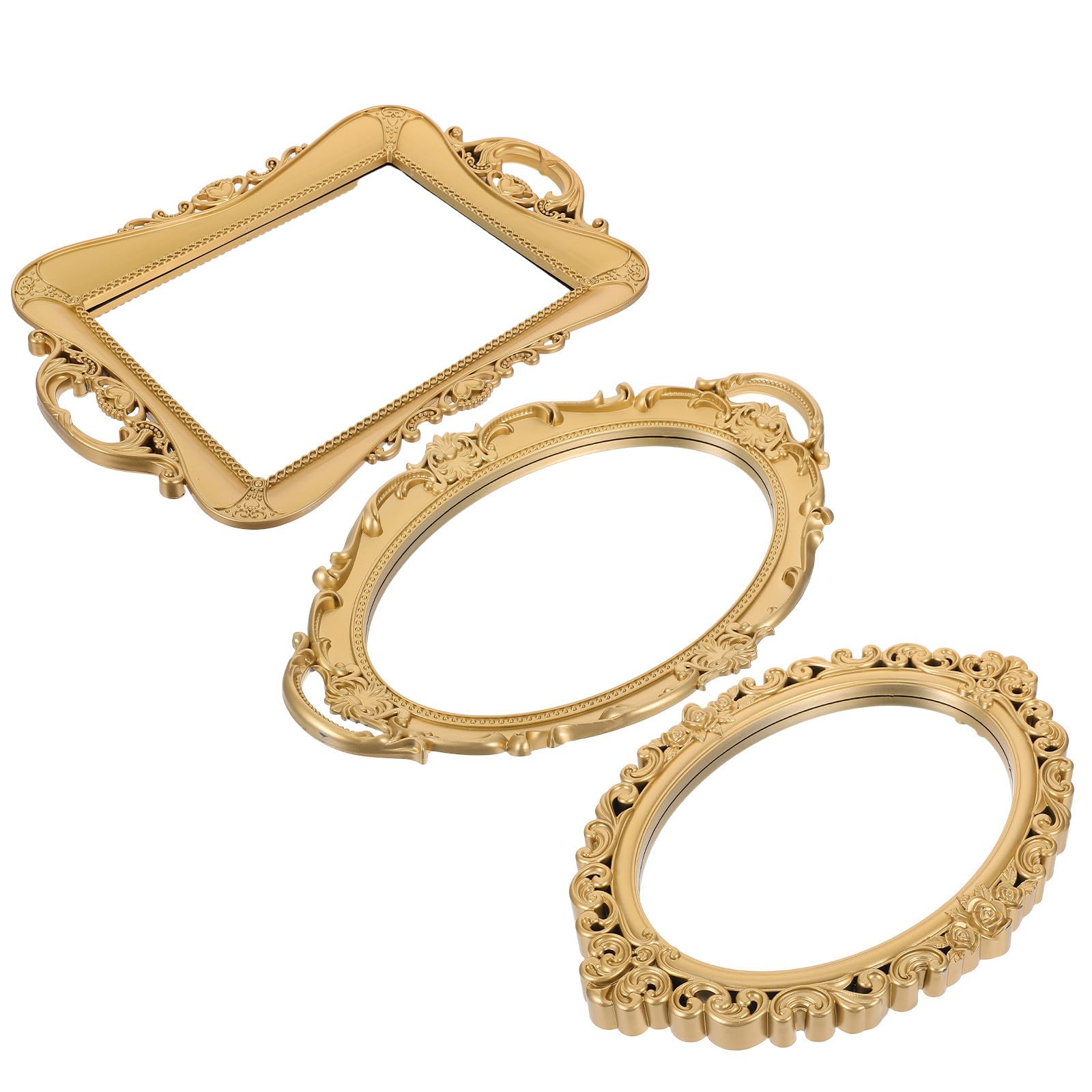 3 Pezzi Set di Specchi Ovali in Resina con Finitura Dorata Retrò, 38,5x23,5cm, per Bagno e Camera da Riposo con Porta Gioielli e Vassoio Decorativo