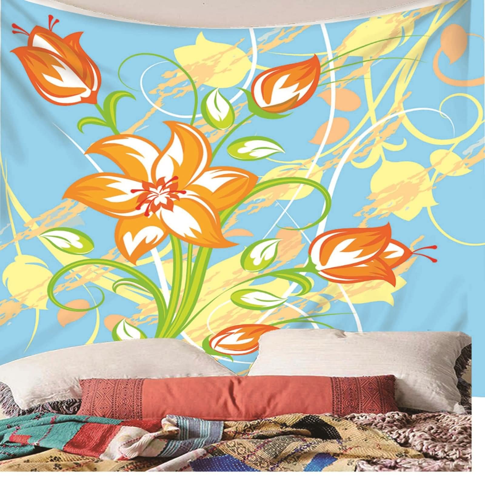 Tapiz Suelo, Decoración Pared Exterior Patrón de Flor de Flor de Tema Floral Poliéster Azul 210x140CM