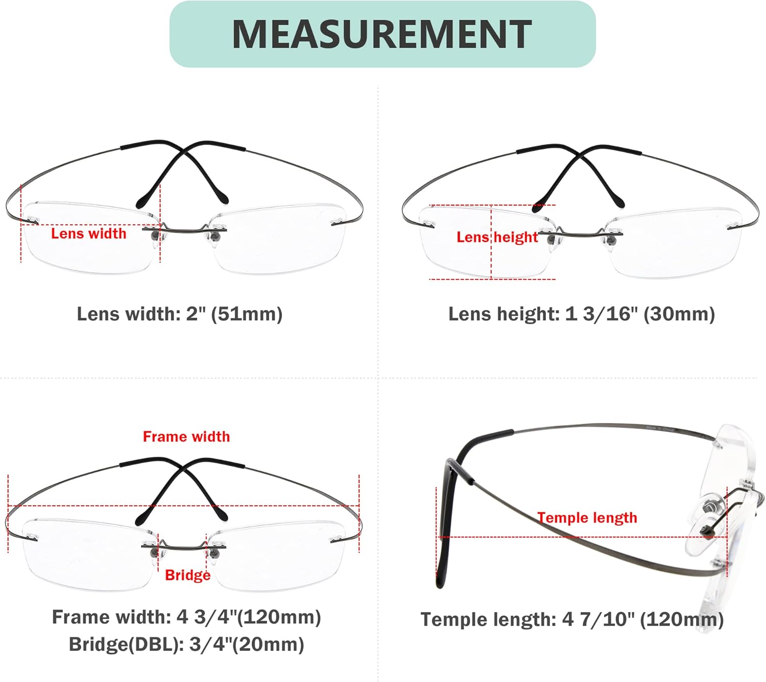 Eyekepper Titanium Rimless Reading Glasses Readers Men Women Gunmetal +1.0