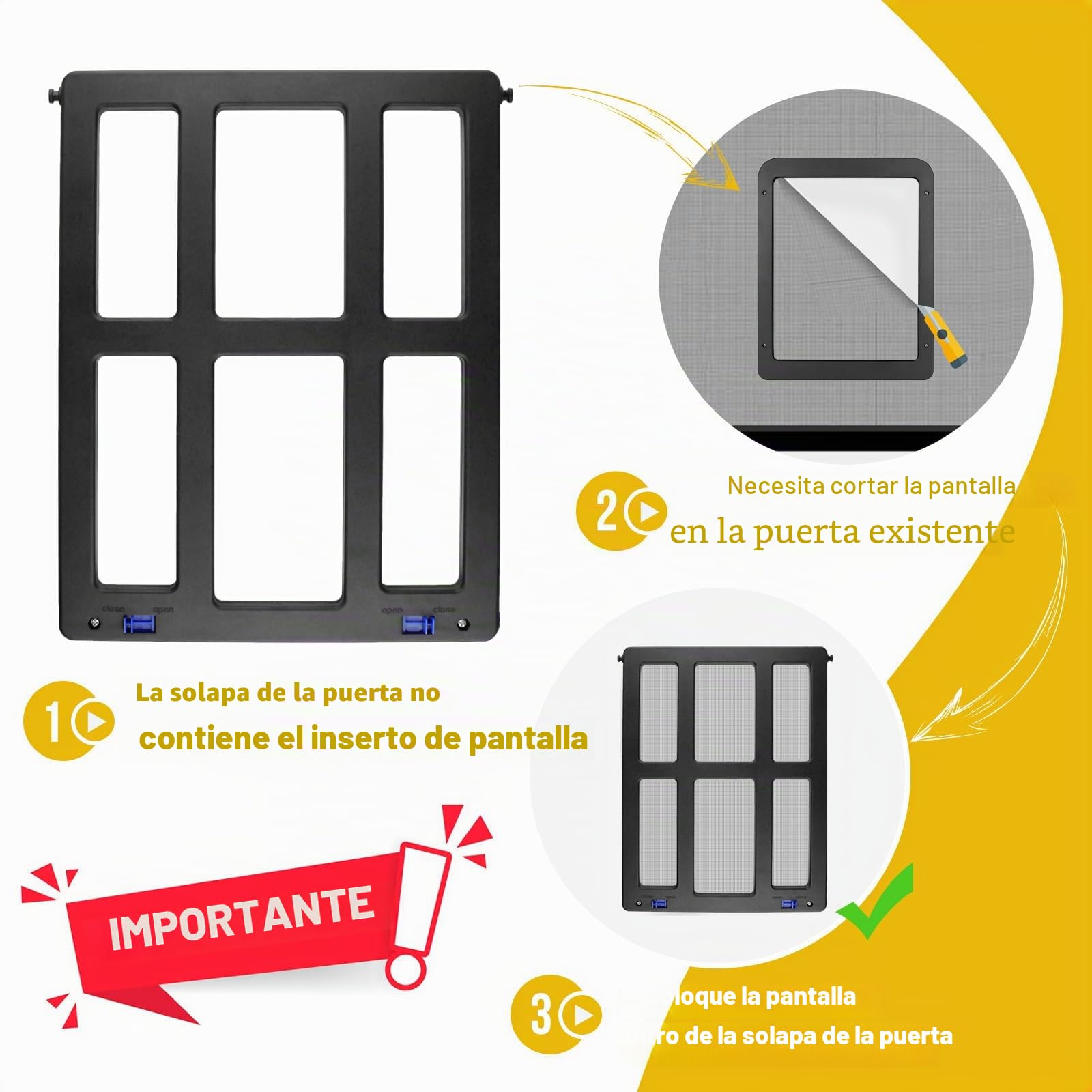 ENJOYING Puerta para Gatos Mosquitero, Puerta para Perro Pequeños Mosquitera con Página Magnética, Puerta Mascotas para Puerta Corrediza Ventana, Apagado Automático, Cerrable, Negro