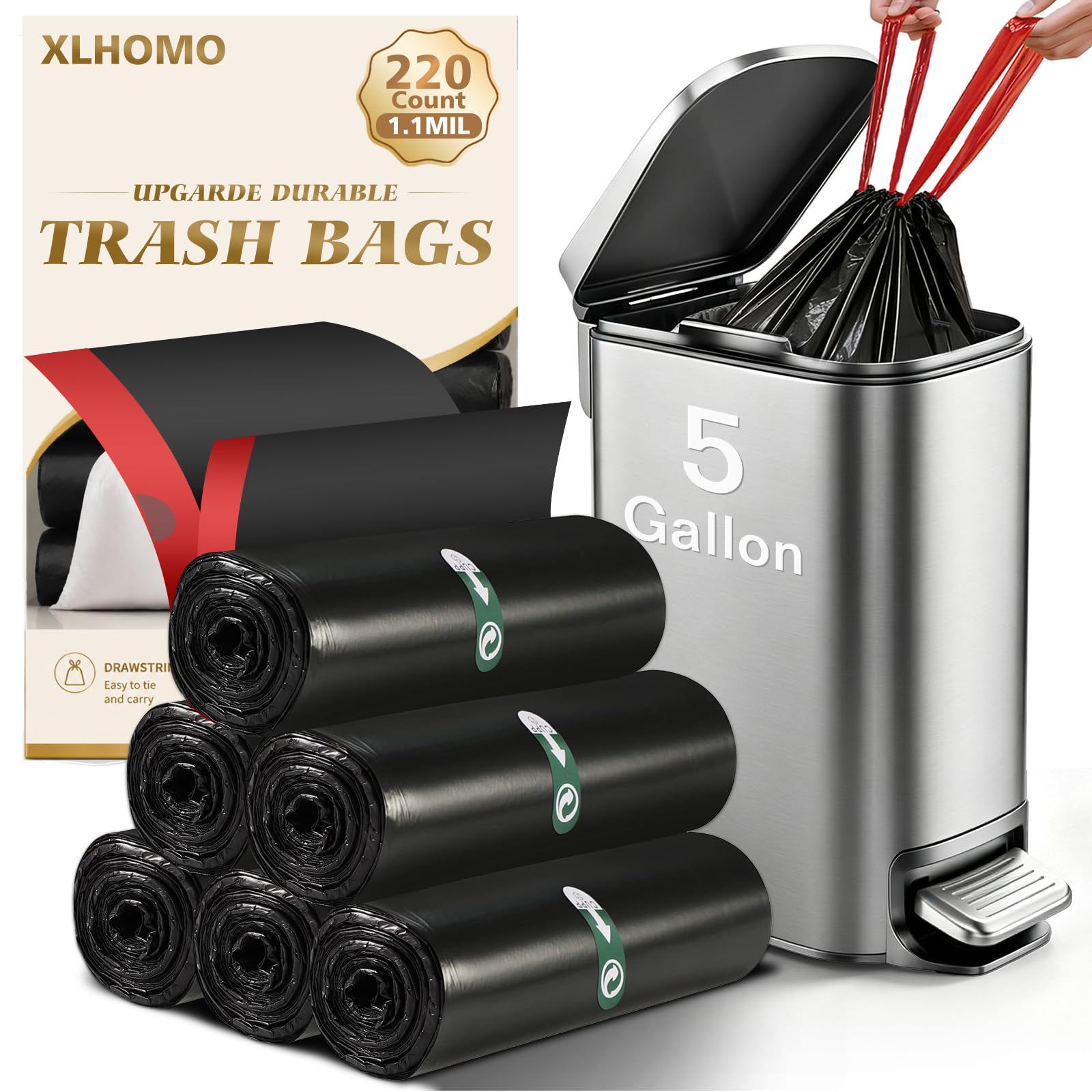 220 Counts 5 Gallon Trash Bag Drawstring Small Trash Bags, Thick Pre-separated Garbage Bags, Trash Bin Liners, Suitable for bathroom, kitchen, bedroom, office (Black)
