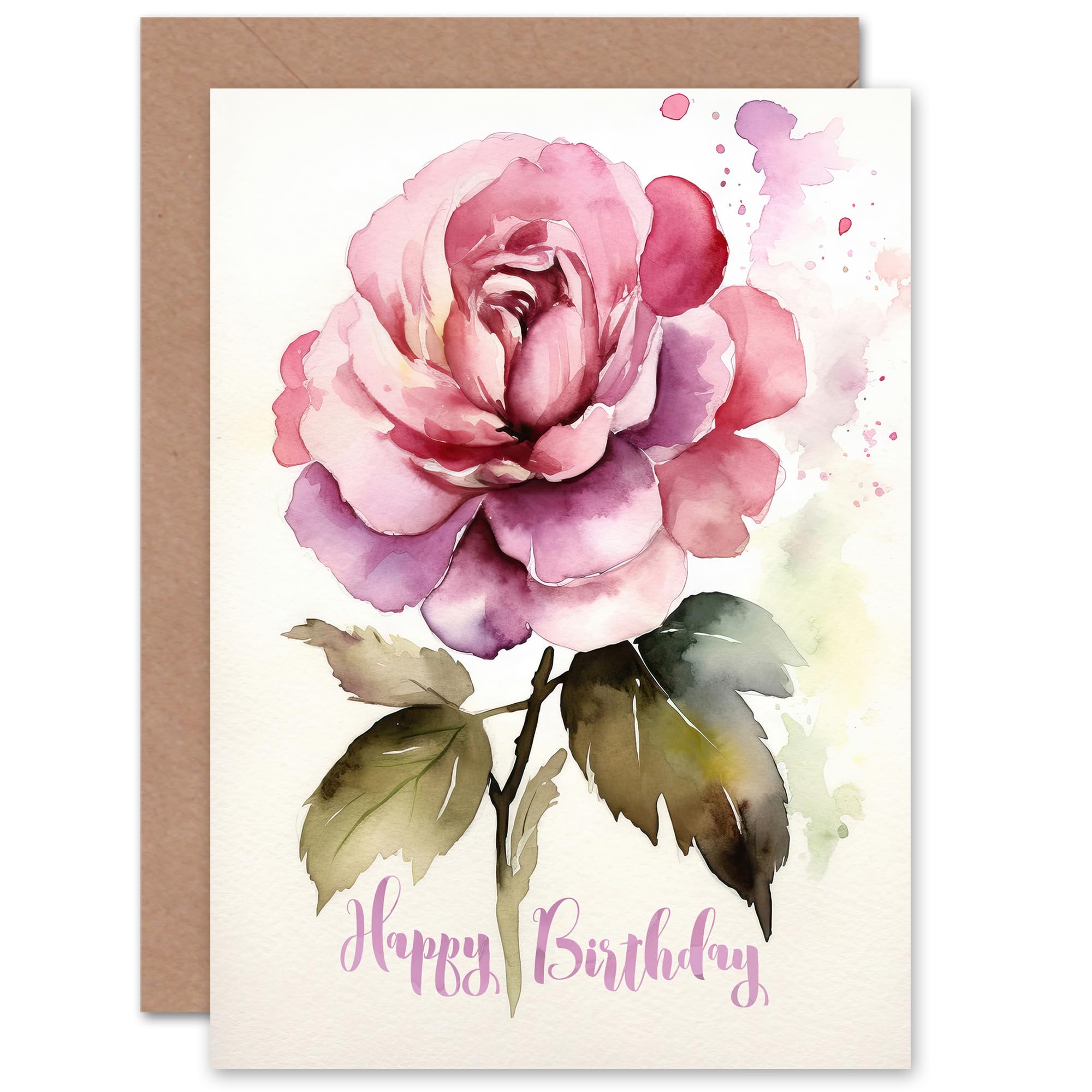 Artery8 Birthday Rose Flower Floral Watercolour Gran For Her Wife Mum Mom Blank Inside Greeting Card