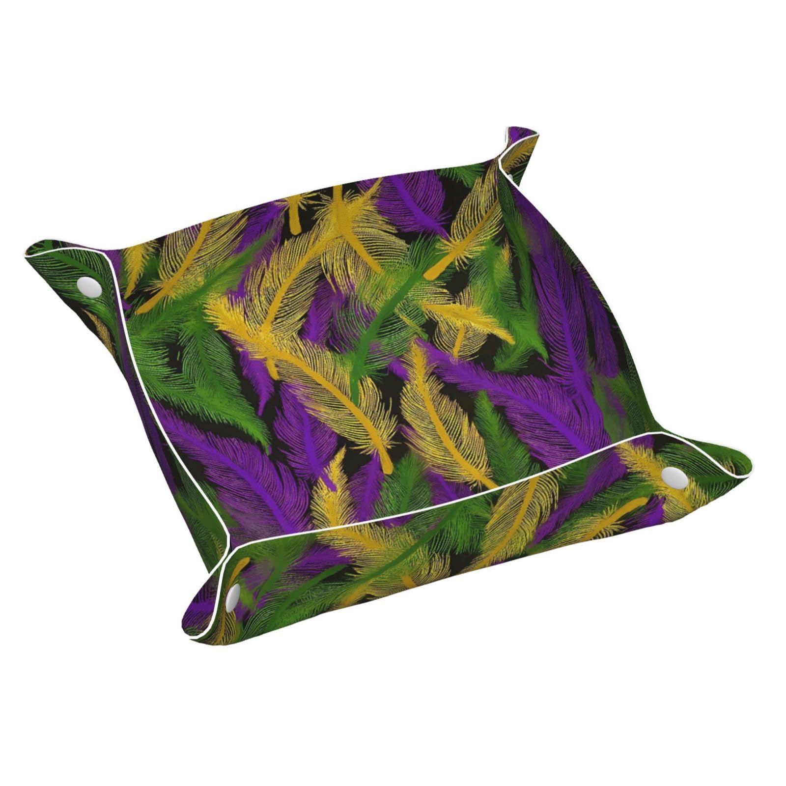 HLBSDM Retro Green Yellow Purple Feathers Tray Men's Leather Valet Parking Portable Entrance Trays Bedside Storage Box