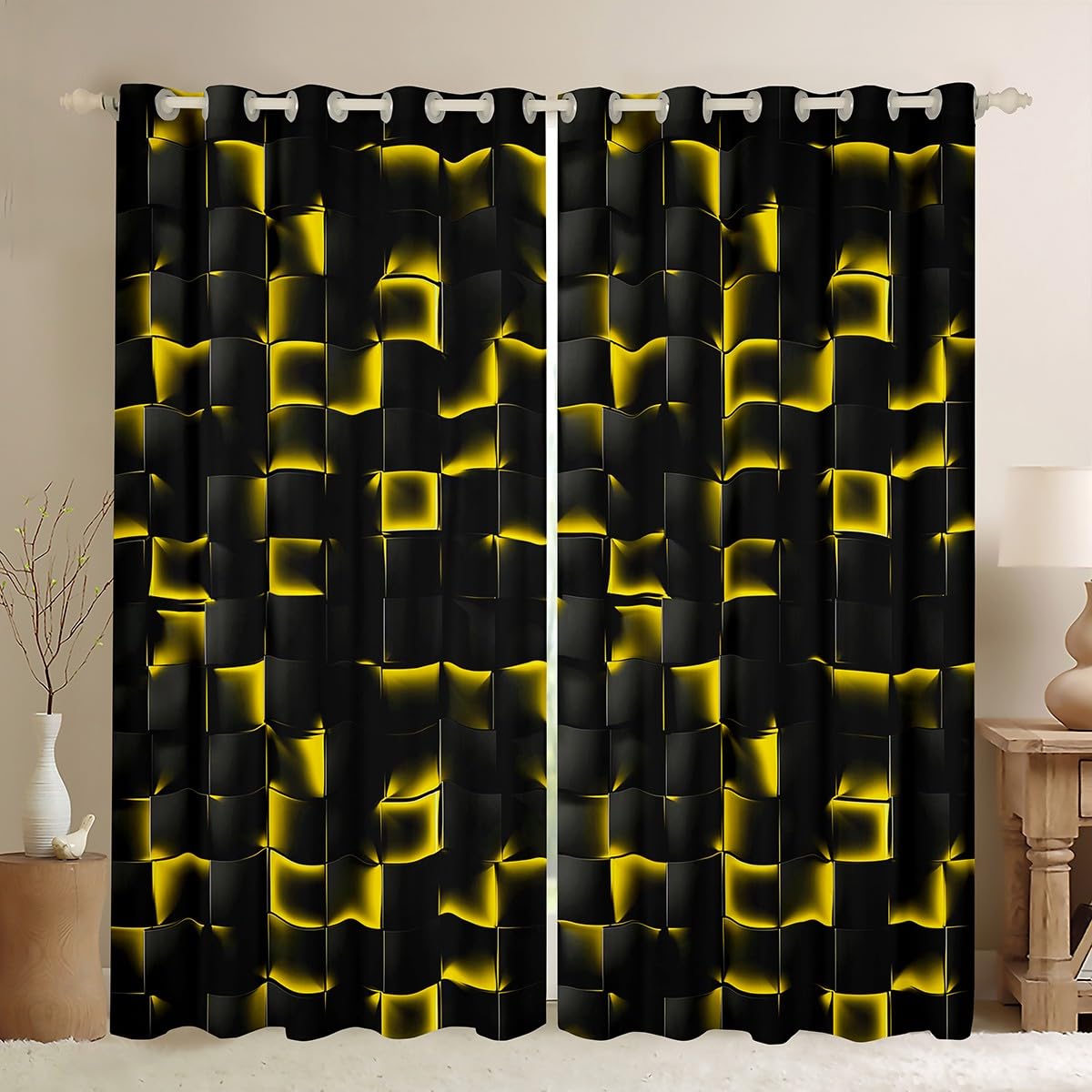 Homewish Geometric Checkered Window Treatments 2 Panels 52 x 63 Inch Neon Black Gold Blackout Curtains for Kids Boys Teen Men Gaming Room Decor, Abstract Ombre Plaid Grids Window Curtains