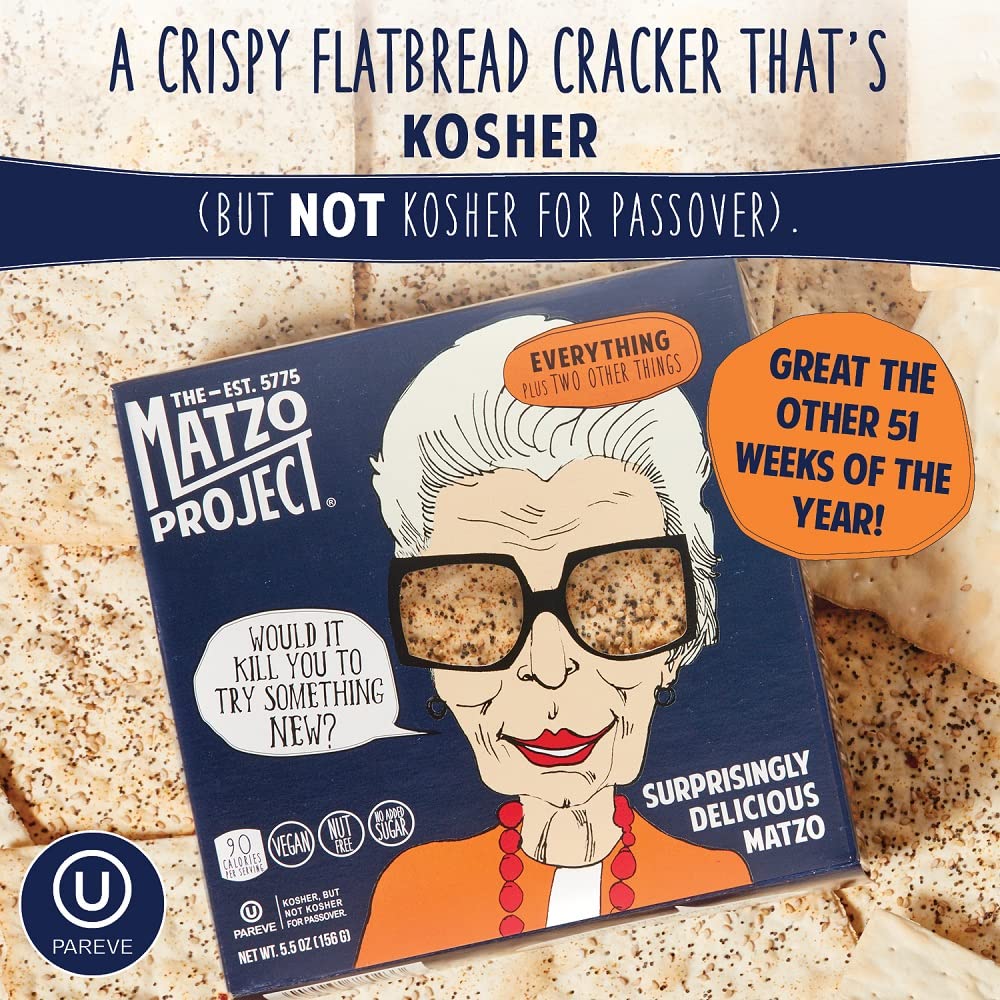The Matzo Project Crispy Matzo Flats, Flatbread Crackers Sprinkled with (Almost) Everything, Vegan, Nut Free, All Natural, 3-Pack., 5.5 oz. Each, Kosher but NOT Kosher for Passover