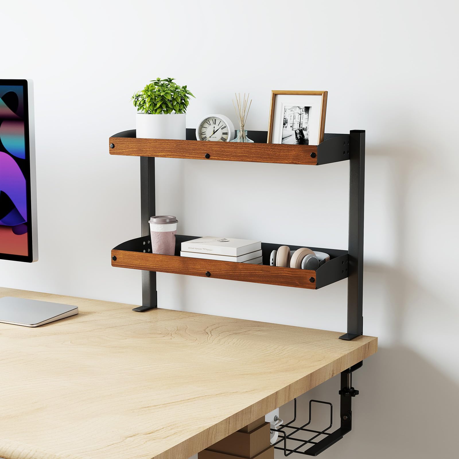 bimiti Organisateur de Bureau à Pince 2 Niveaux 17 Pouces avec Rangement Réglable pour Accessoires de Table Étagère de Bureau à Pince Installer en Haut ou en Bas，44 x 51x 17,5 cm，Marron rétro