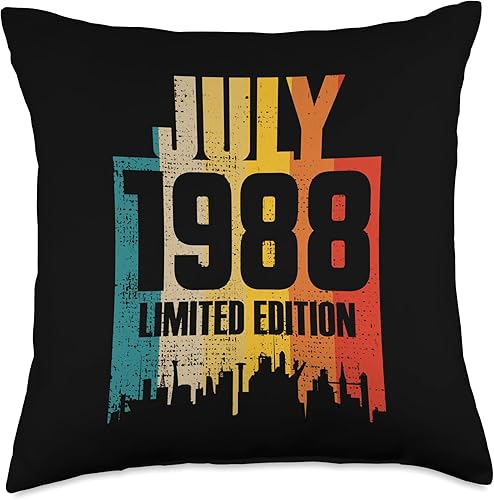 Julio 1988 - Almohada de 33 años de edad, edición limitada de julio de 1988, diseño retro vintage, 18 x 18, multicolor