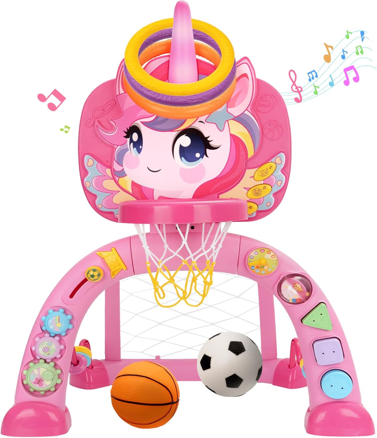 Basketball Hoop & Soccer Goal for Toddlers – 3-in-1 Sports Play Set with Ring Toss | Indoor Outdoor Activity Toy for 1 2 3 Year Old Boys | Birthday for Active Play (Pink)