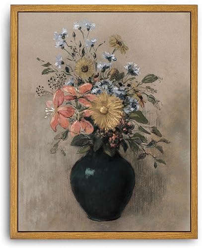 Roslynity Lienzo enmarcado, clásico, óleo, bodegón de flores silvestres, color pastel neutro, arte estético retro antiguo para hogar, sala de estar,