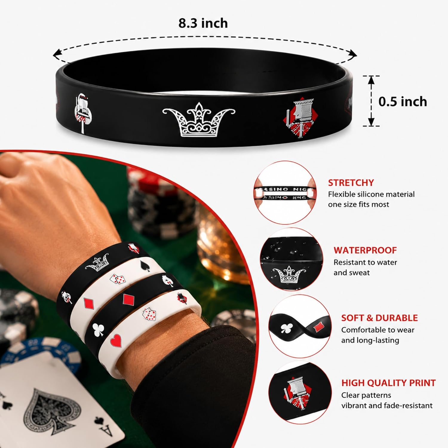 Zhanmai 36 Pcs Casino Night Themed Party Favors Decorations Silicone Poker and Dice Las Vegas Wristbands Bulk Casino Party Favors Black and White Patterns for Adults Birthday Supplies Decor Gifts image 2