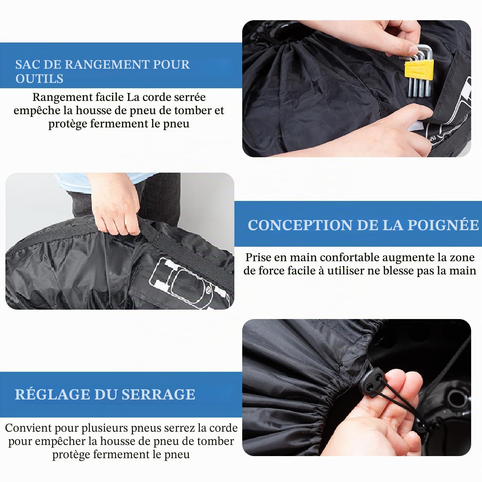 Lot de 4 sacs à pneus de 19-23 pouces - Housse de protection pour pneus étanche à l'eau et à la poussière - Pour le stockage, le transport, la protection solaire et le nettoyage - Noir