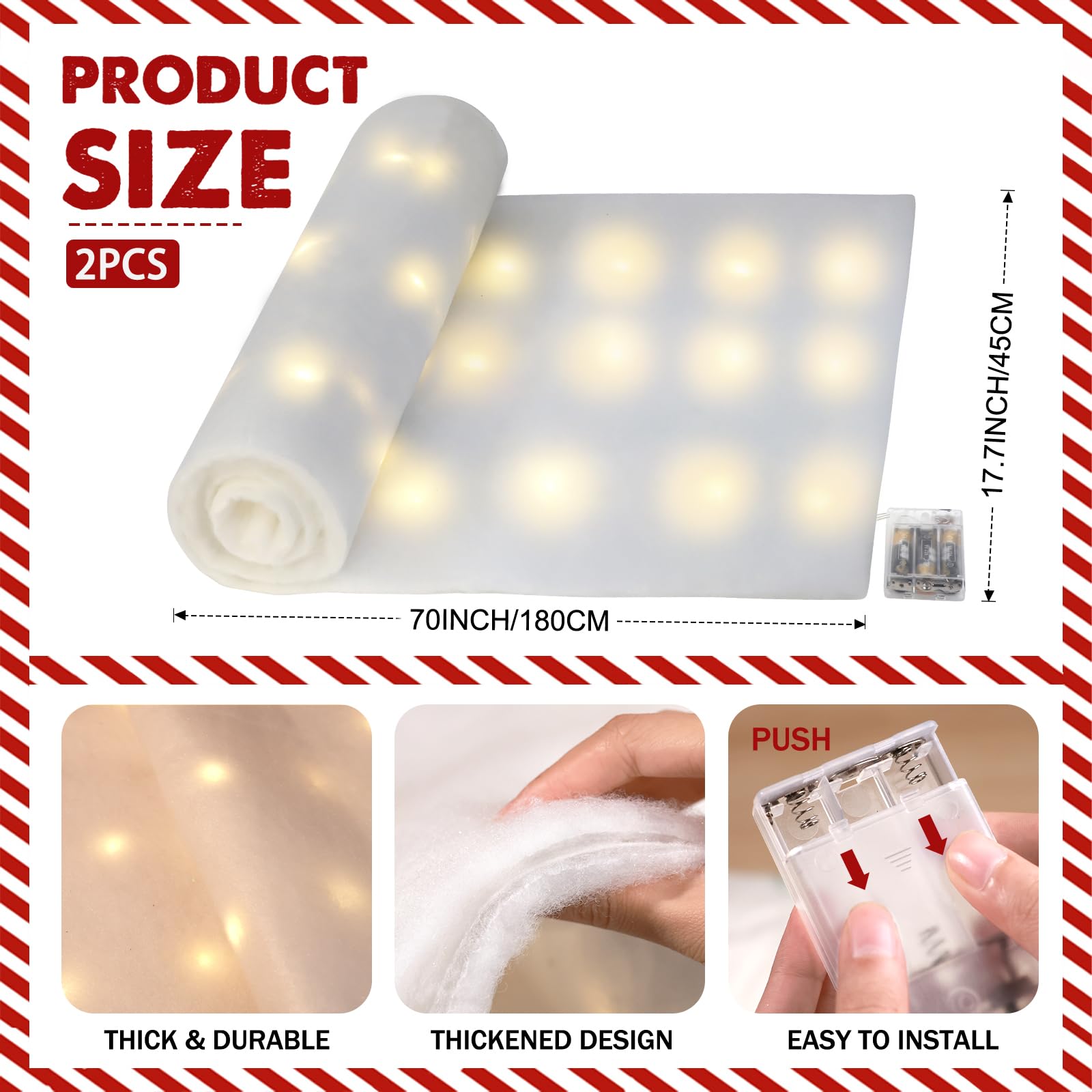 hatisan Lot de 2 rouleaux de couverture de neige artificielle avec 100 guirlandes lumineuses à DEL, décoration d'hiver pour arbres de Noël, village, artisanat, intérieur et extérieur