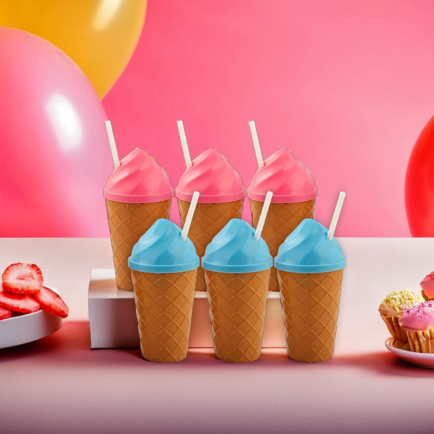 Fun Express 12 Pieces Ice Cream-Shaped Cups with Straws, Holds 14 oz, BPA Free Plastic, Birthday Party Supplies, Multi-Color