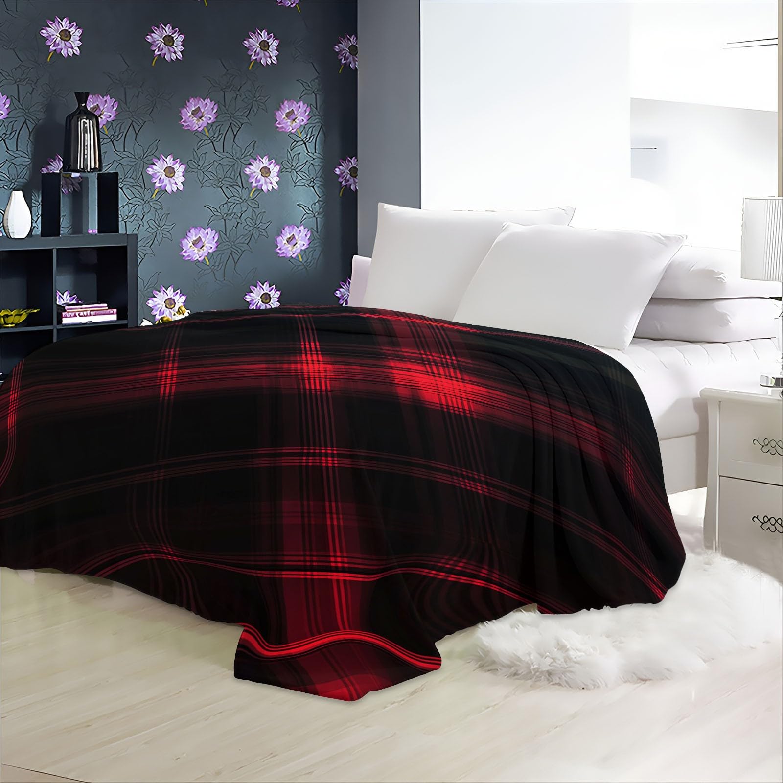 Pojedynczy koc polarowy w linie i paski nadruk czarny czerwony miękki nadruk puszysta flanelowa narzuta 220 x 240 cm Sofa Odpowiednia dla dorosłych i dzieci Zachowaj ciepło zima