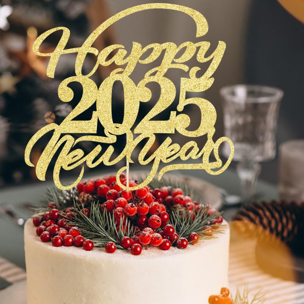 Happy New Year Tortenaufsatz – Silvester-Deko Für Kuchen, Cupcakes & Party, Hallo 2025 (rot, Glitter)
