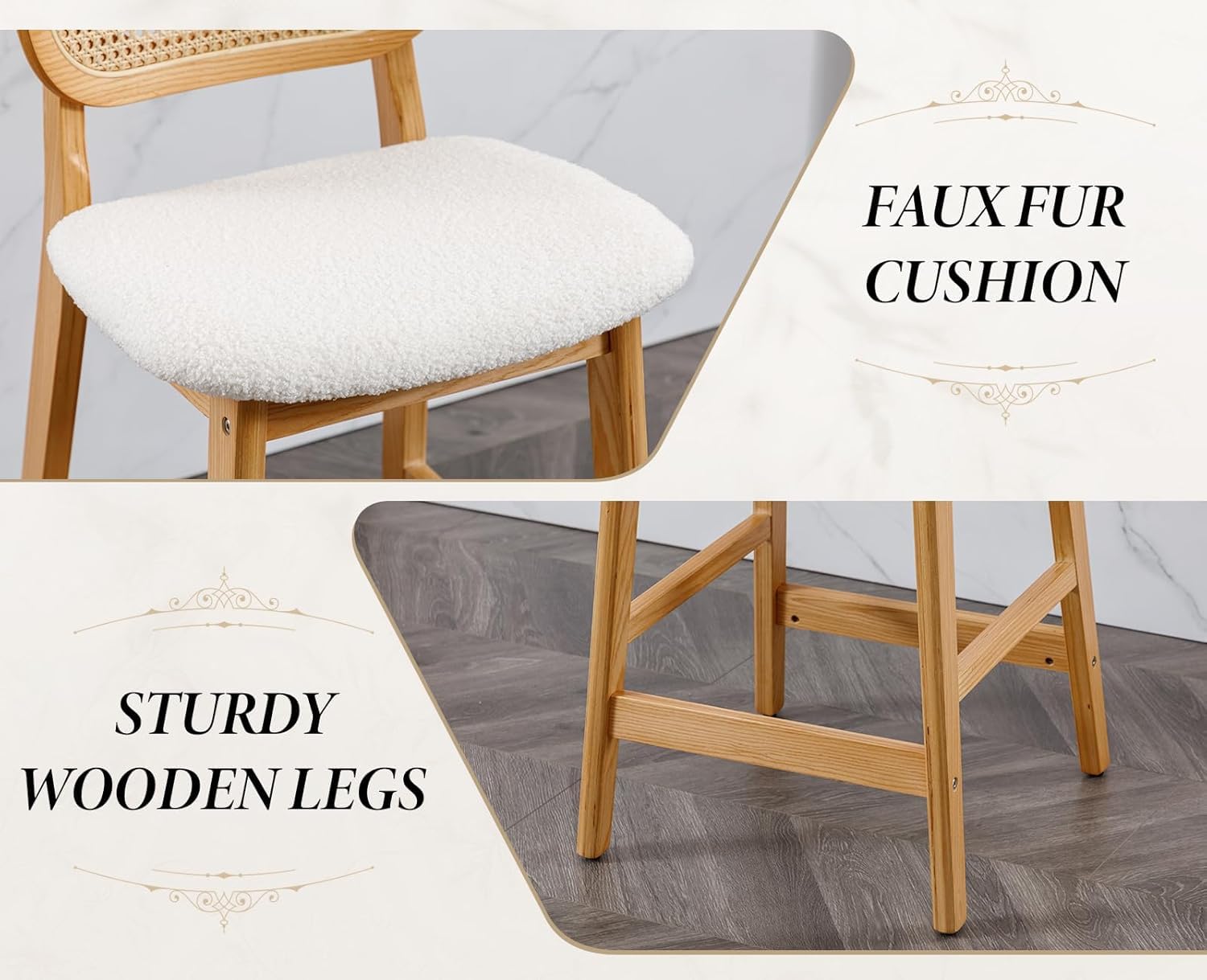 chairus Juego 2 de Taburetes Altos de Cocina de Madera Taburetes de Bar con Respaldo Ratán, Sillas Altas con Asiento de Lana Sintética para Isla de Cocina, Beige