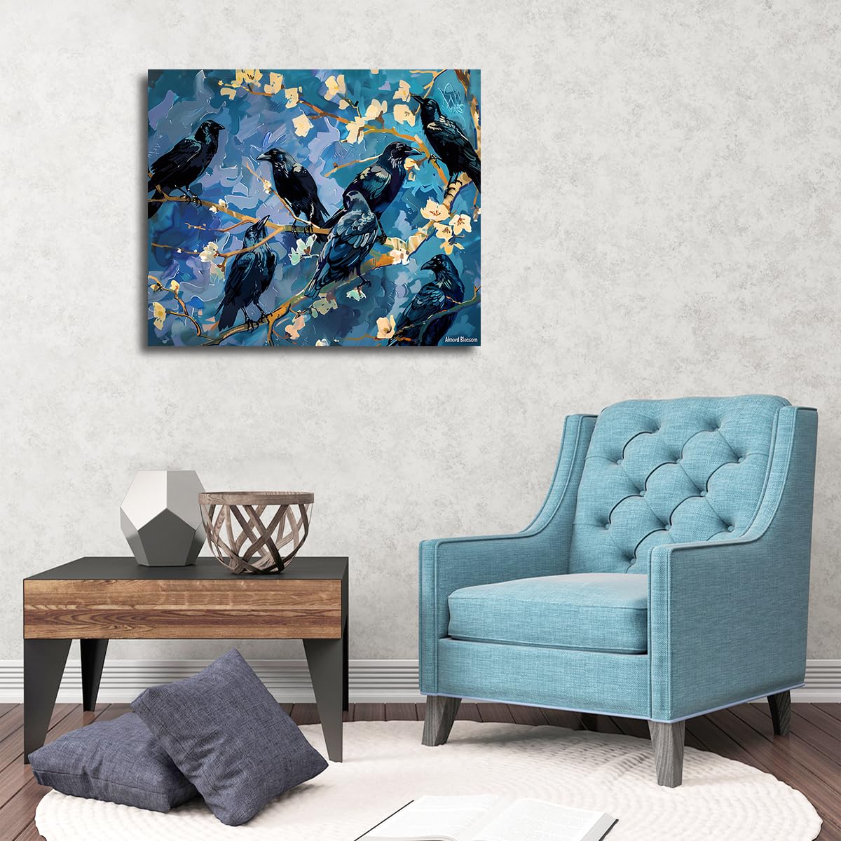 CHERHERART Black Crows Blossom Branch Leinwand Wandkunst Goldene Zweige Blumen Posterdrucke für gotisches Arbeitszimmer Wohnzimmer Blumenvögel Leinwanddekoration 80x100 cm ohne Rahmen